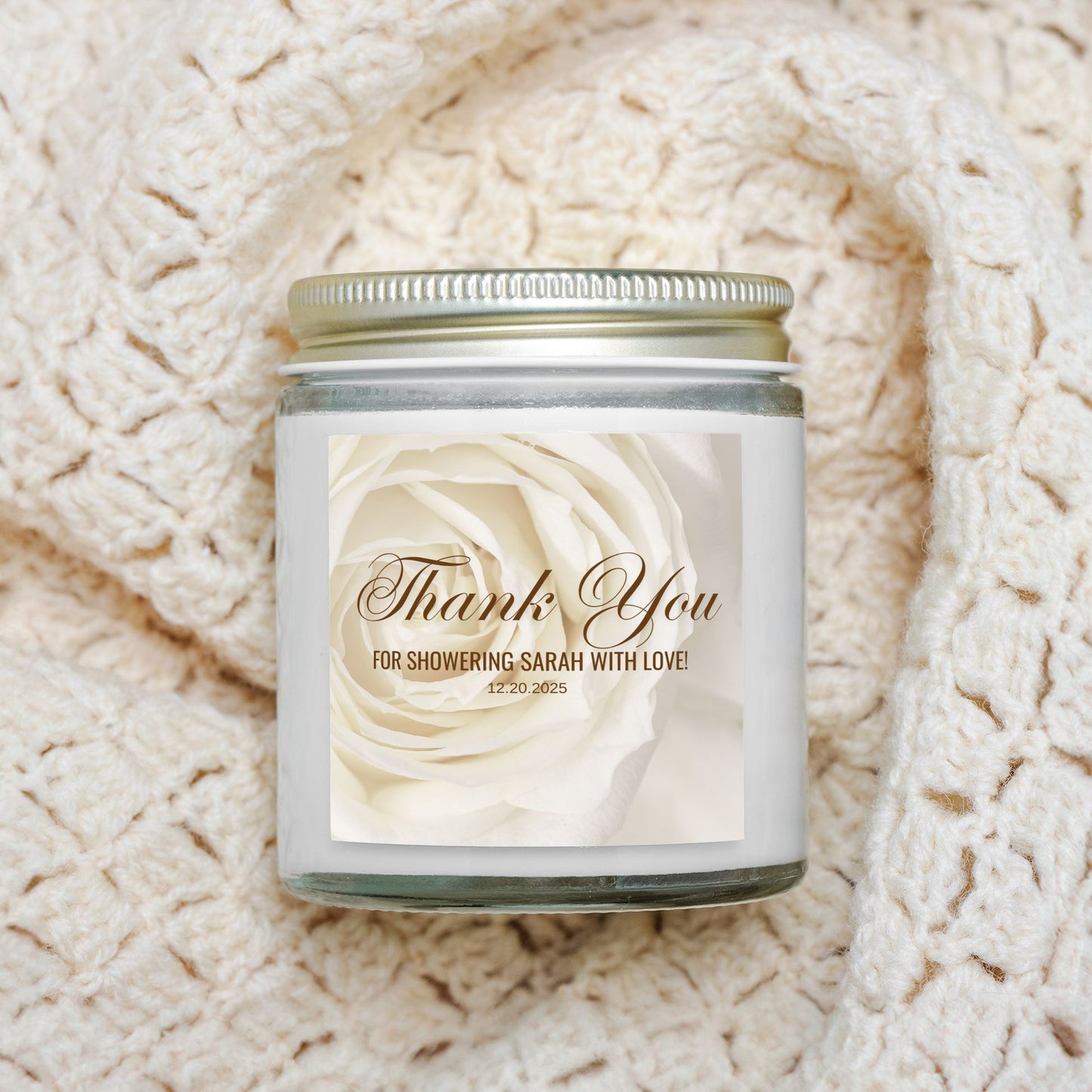 Personalized Rose Floral Bridal Shower Candle Favor in Clear Glass Jar (4oz)