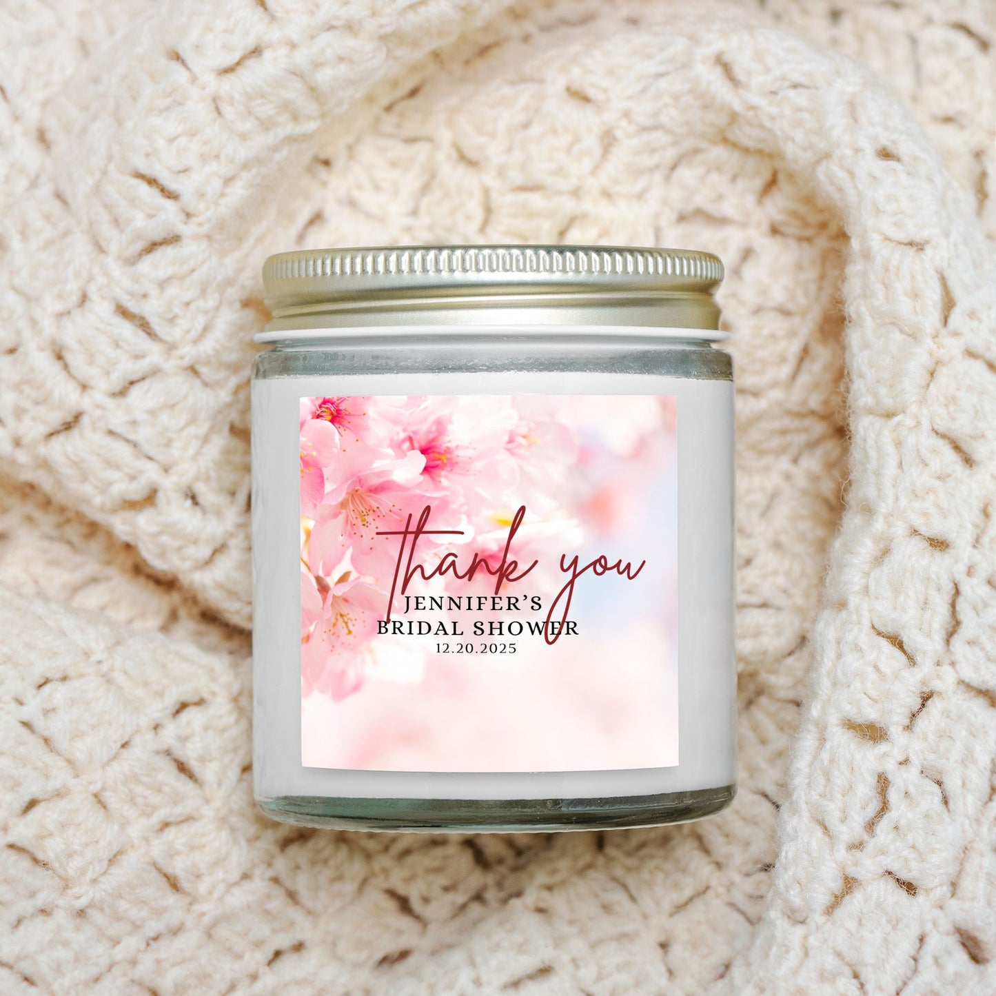 Personalized Cherry Blossom Spring Themed Bridal Shower Candle Favor Clear Glass Jar (4oz)