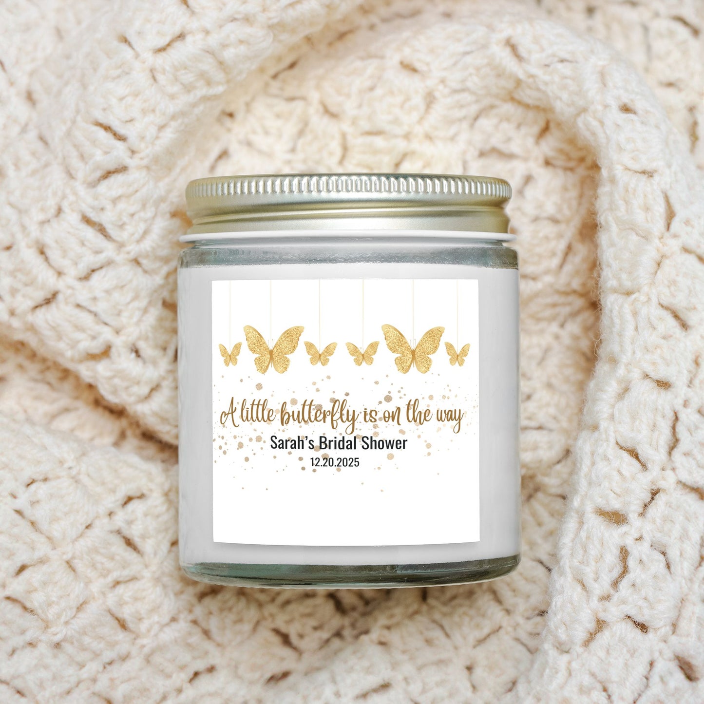 Personalized Butterfly Theme Baby Shower Candle Favors - Clear Glass Jar 4oz