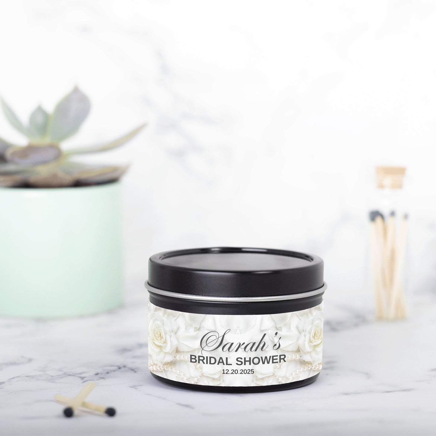 Personalized White Rose and Pearl Bridal Shower Candle Favor - Tin 4oz