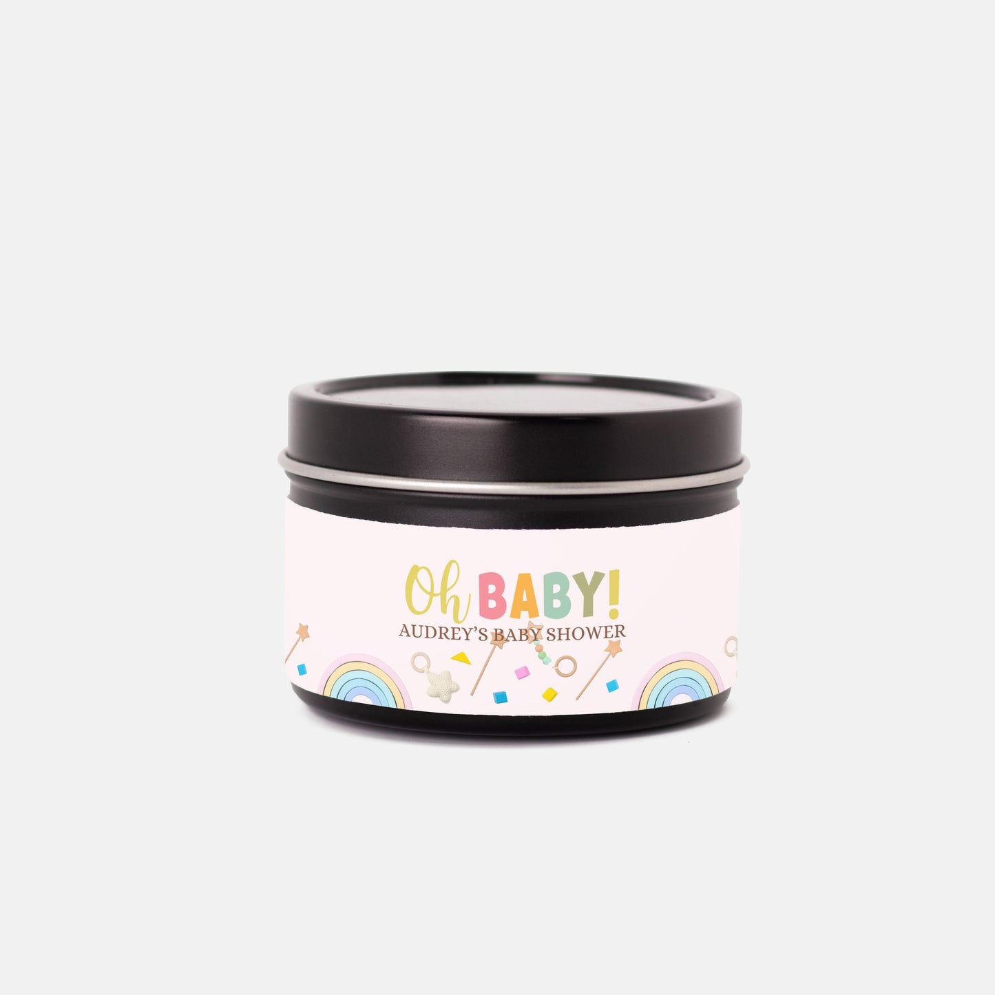 Personalized Rainbow Themed Oh Baby Shower Candle Favors - Tin 4oz