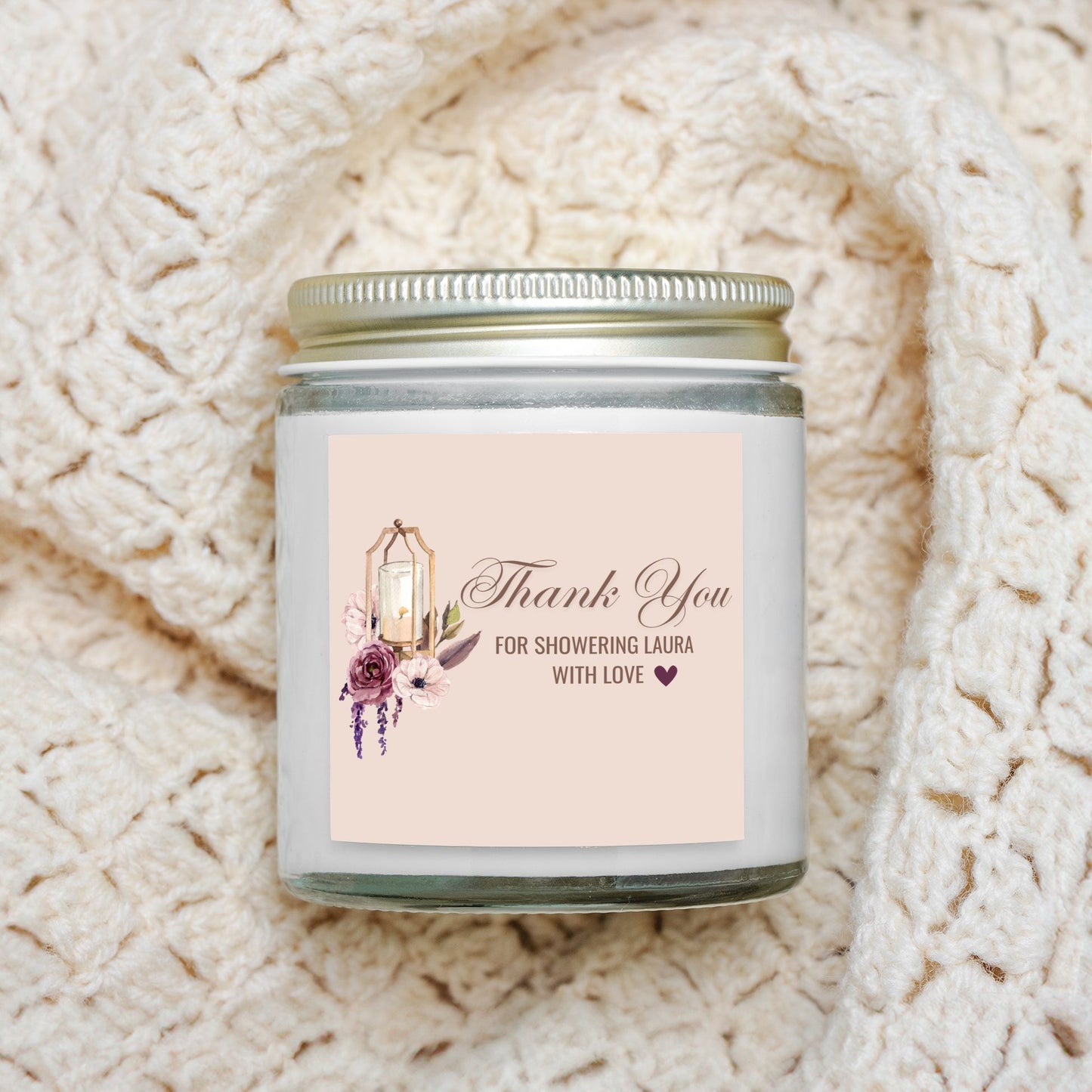 Personalized Bohemian Bridal Shower Candle Favor in Clear Glass Jar (4oz)