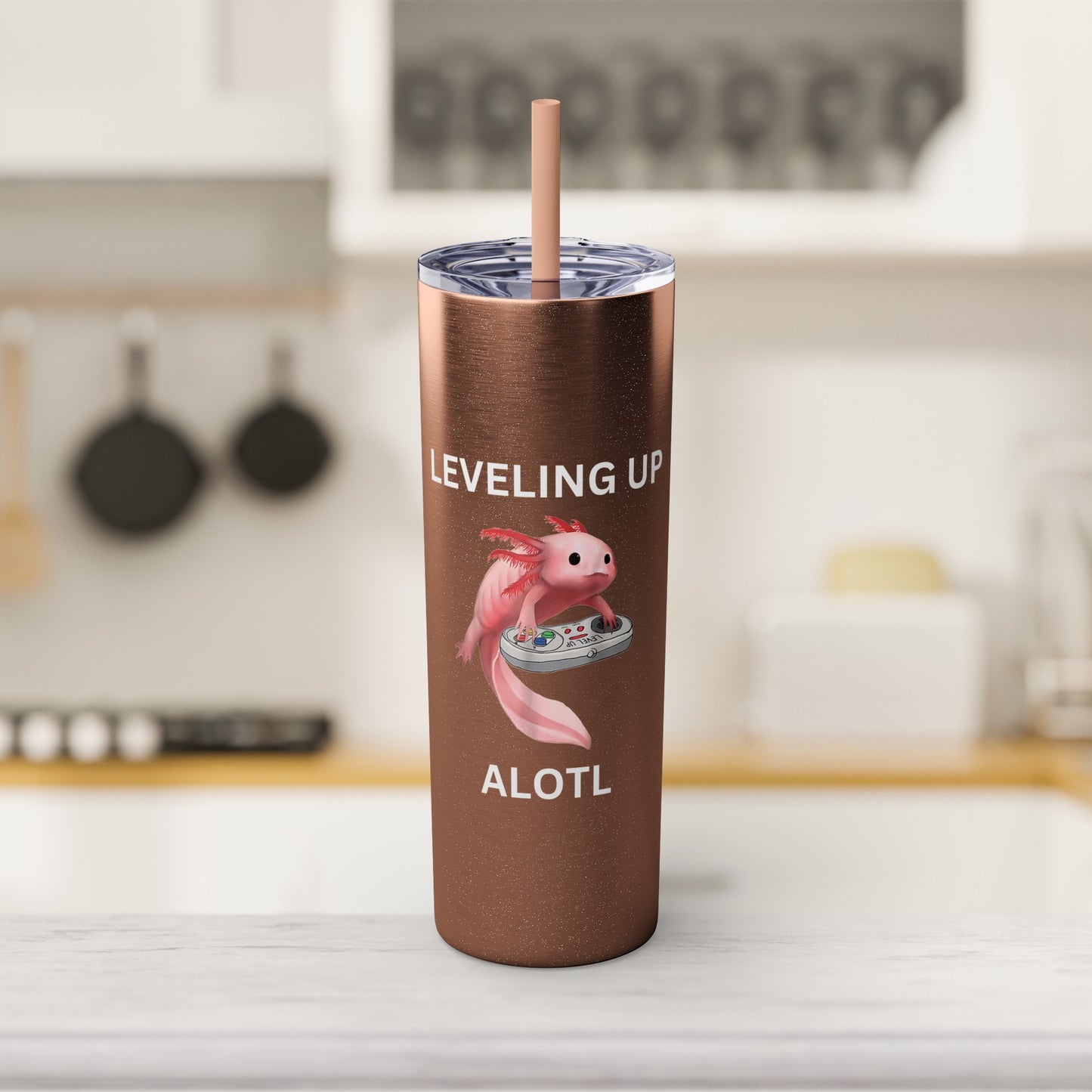 Leveling Up Alotl 20oz Gaming Skinny Tumbler with Straw