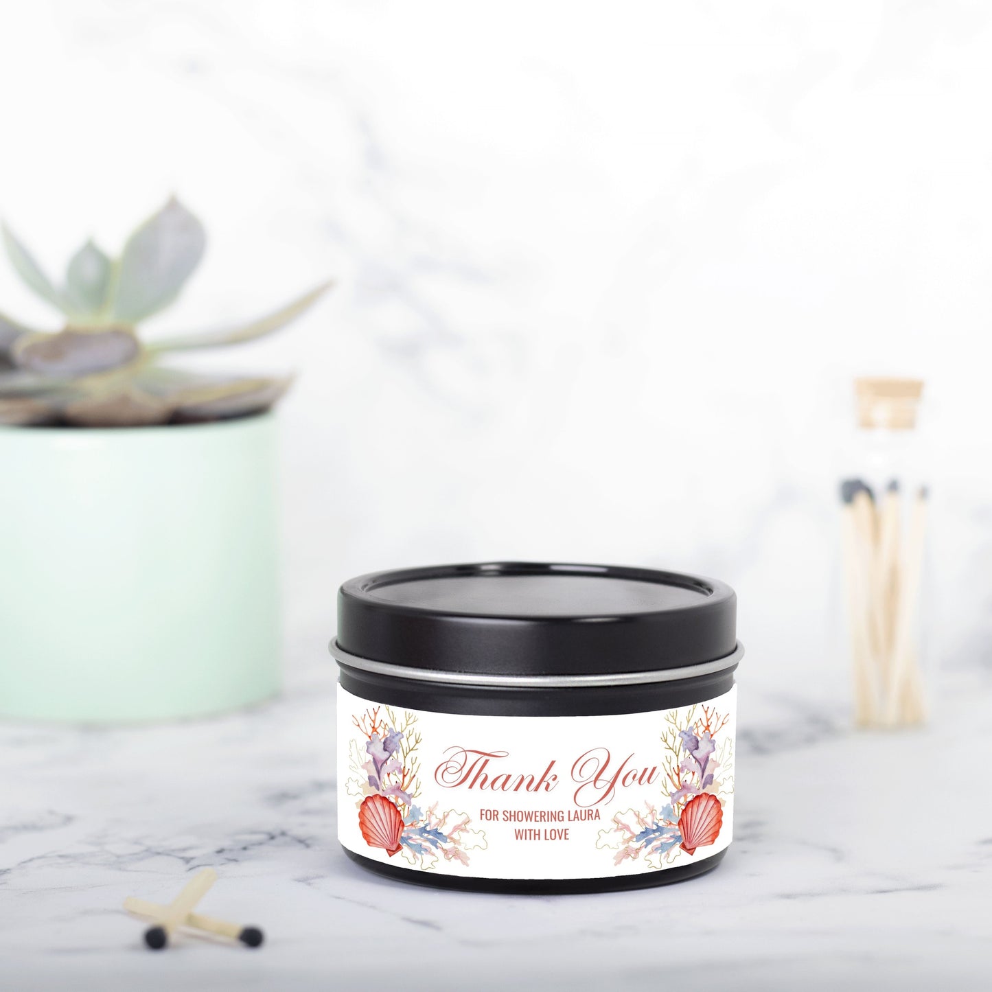 Personalized Coral Beach Themed Bridal Shower Candle Favor - Tin 4oz