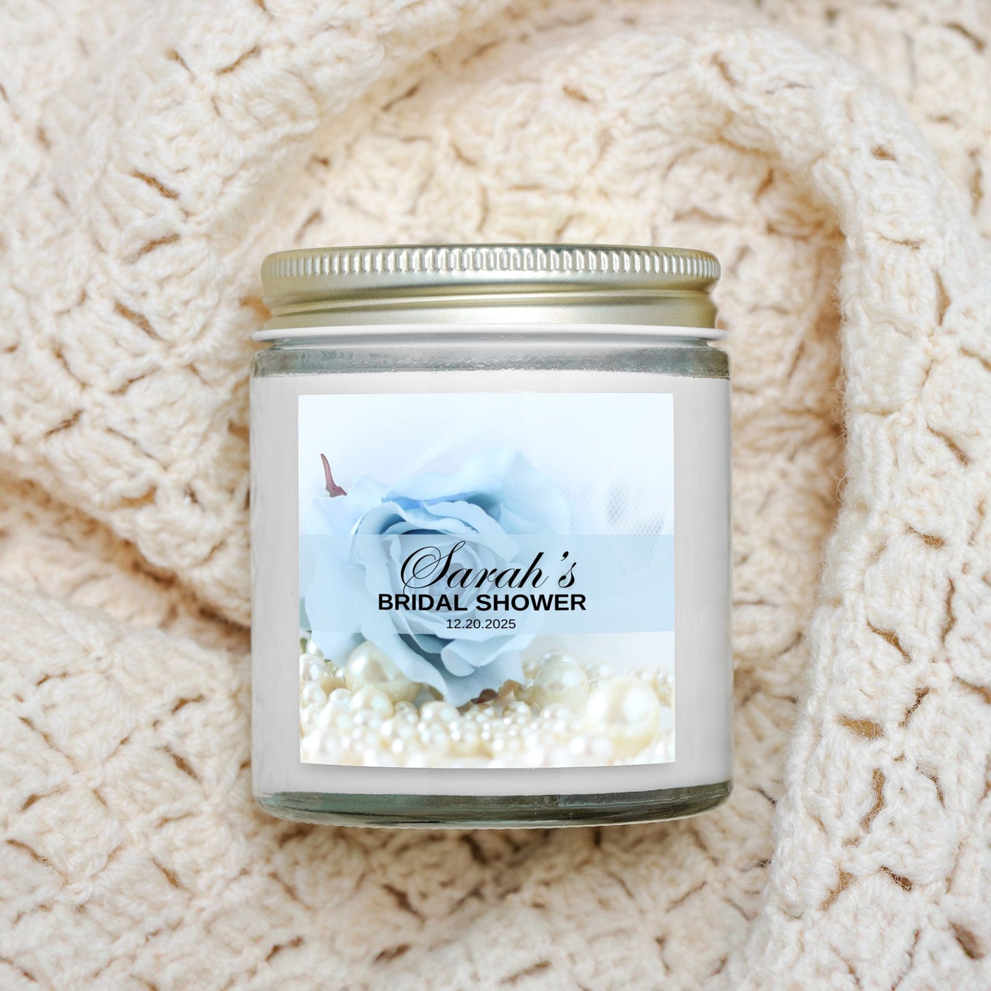 Personalized Dusty Blue Floral Bridal Shower Candle Favor in Clear Glass Jar (4oz)