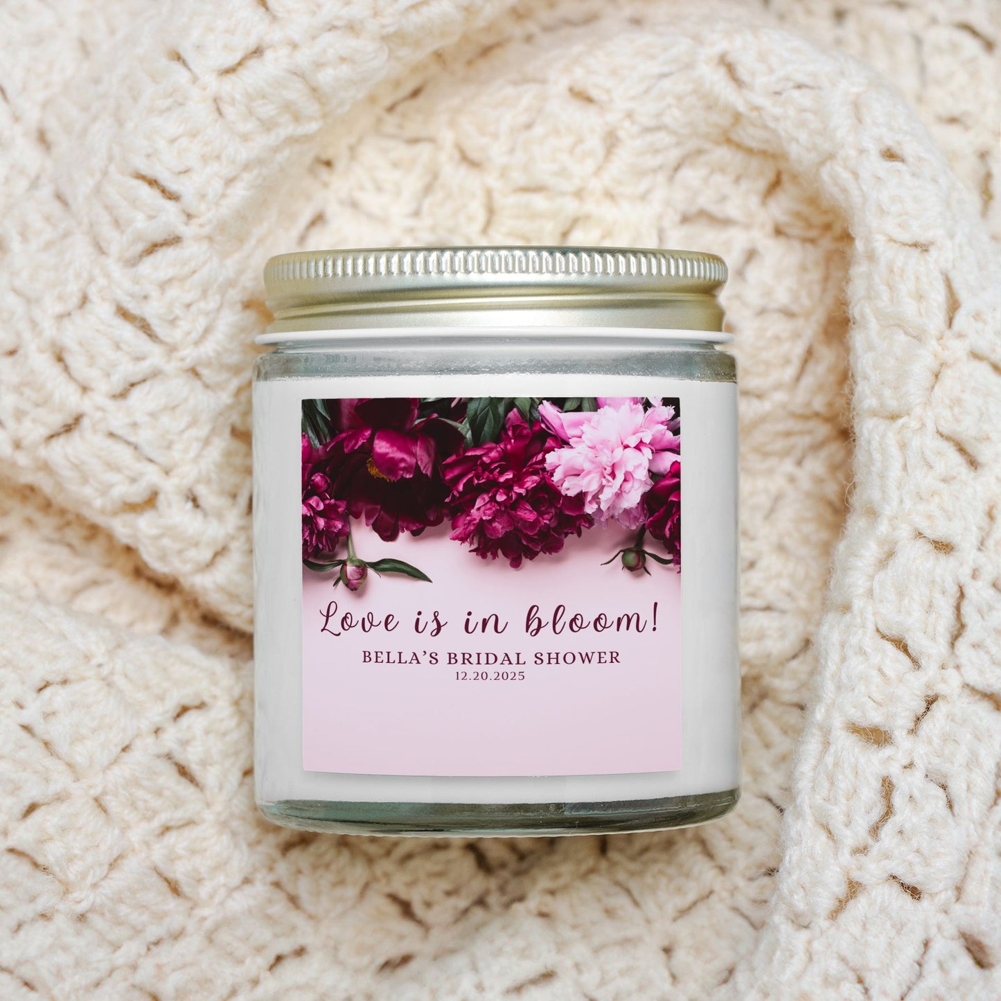 Personalized Pink Peony Floral Bridal Shower Candle Favor in Clear Glass Jar (4oz)
