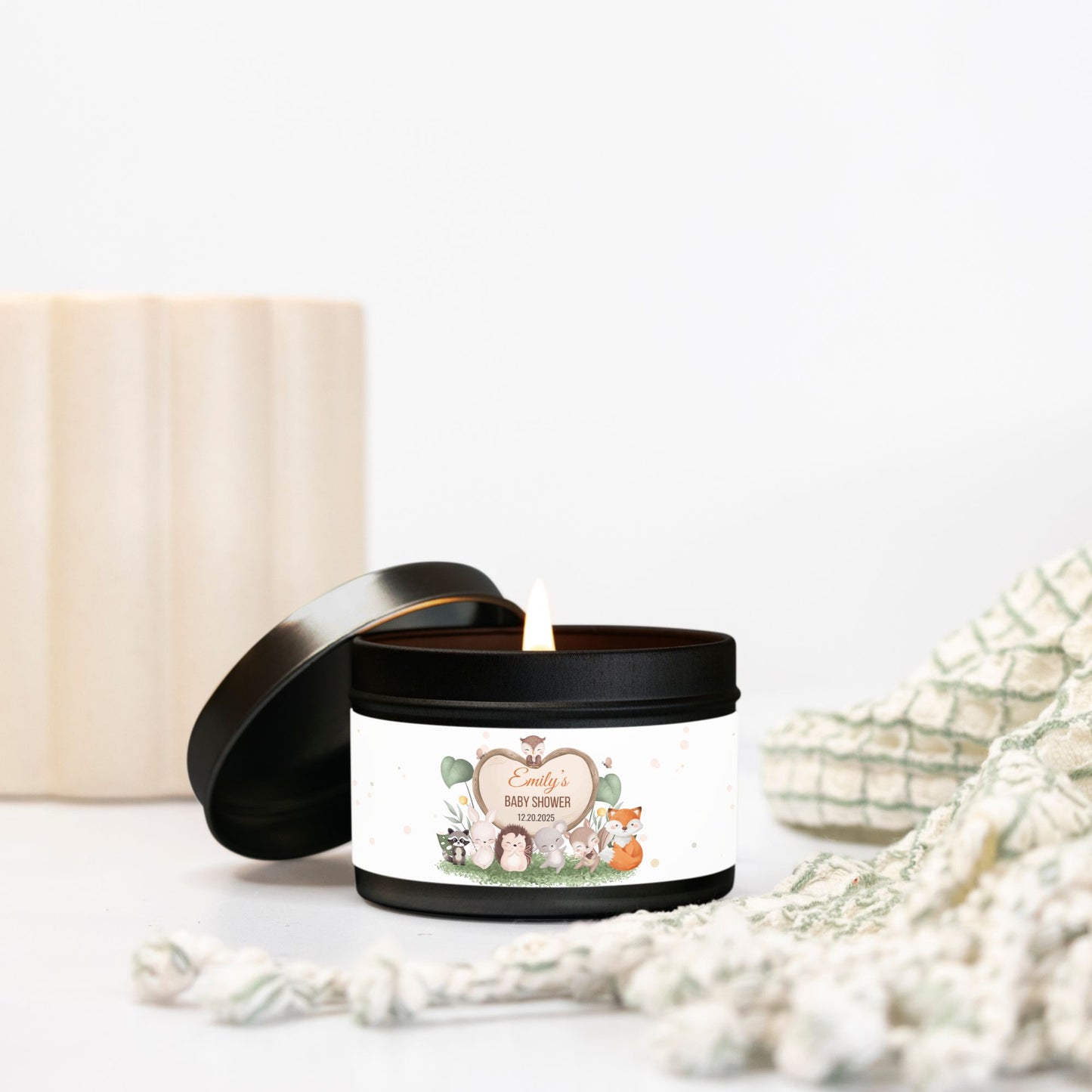 Personalized Woodland Animals Baby Shower Candle Favors - Tin 4oz