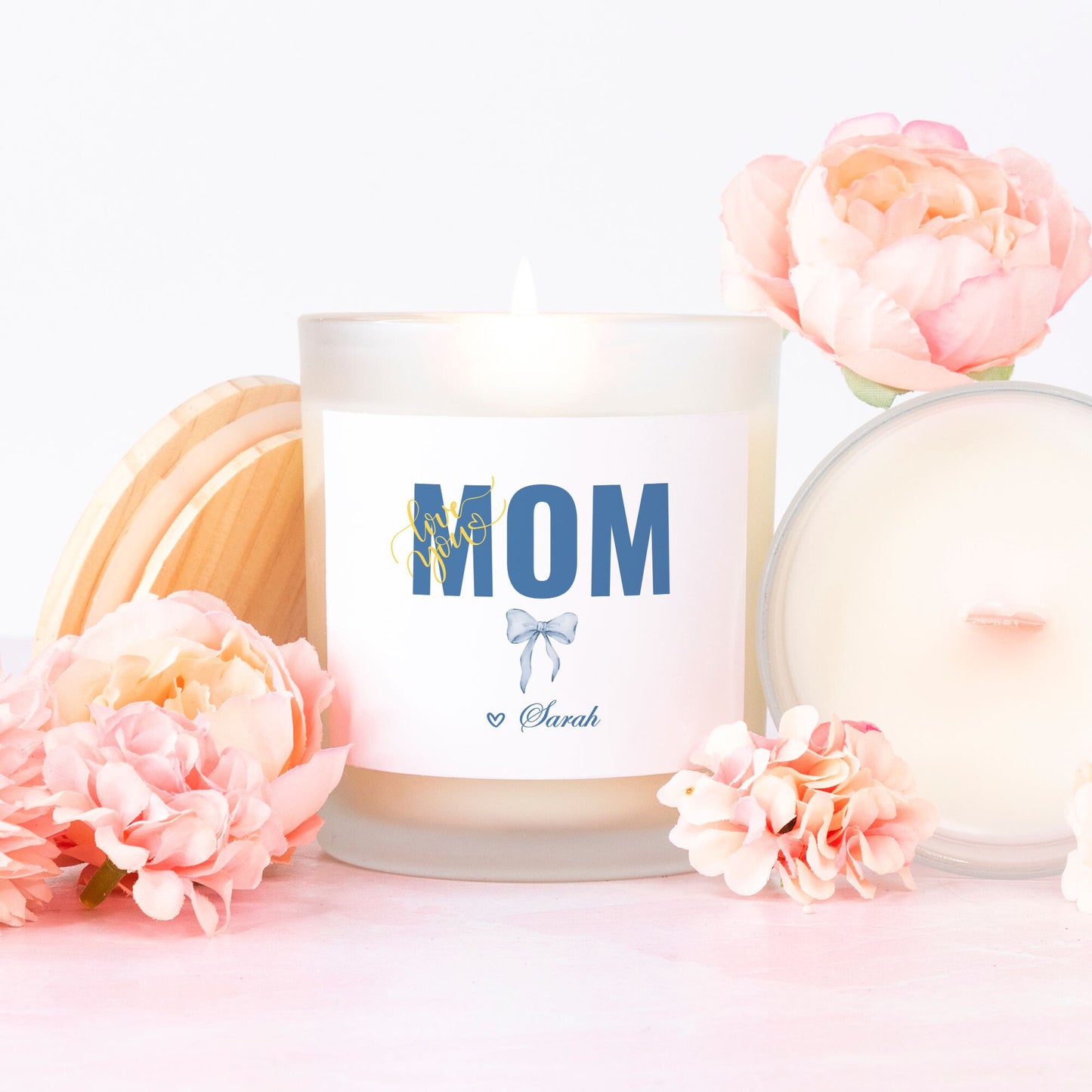 Personalized Mom Blue Coquette Candle Frosted Glass (11oz)