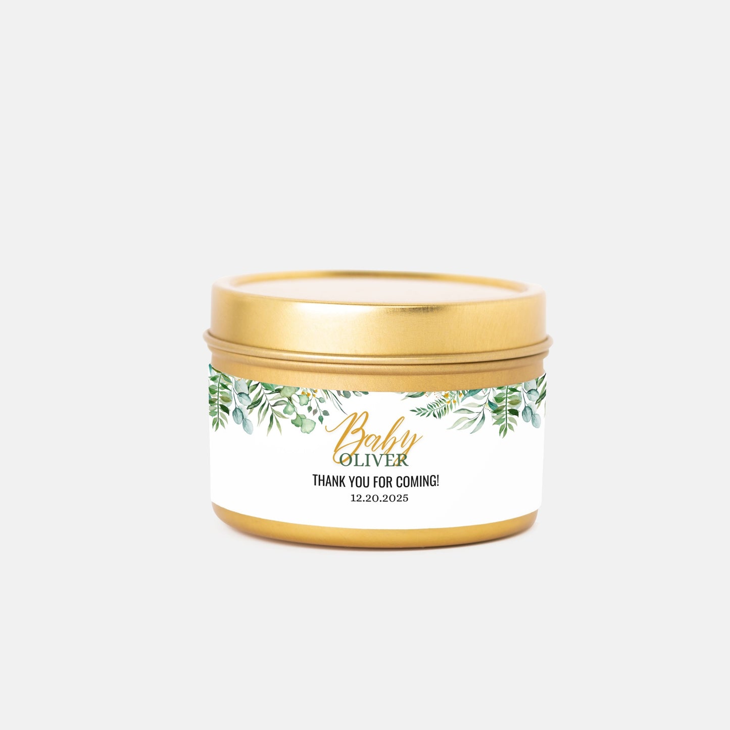 Personalized Greenery Baby Shower Candle Favors - Tin 4oz