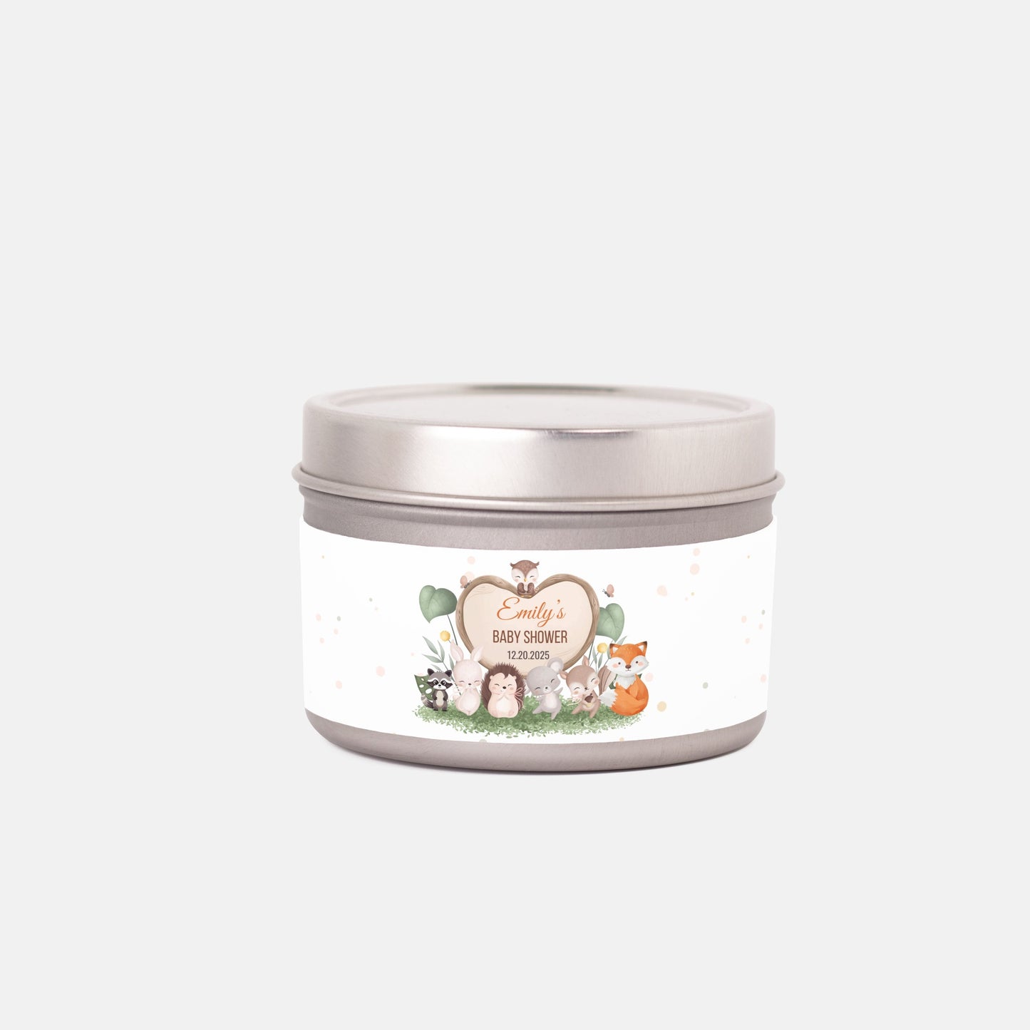 Personalized Woodland Animals Baby Shower Candle Favors - Tin 4oz