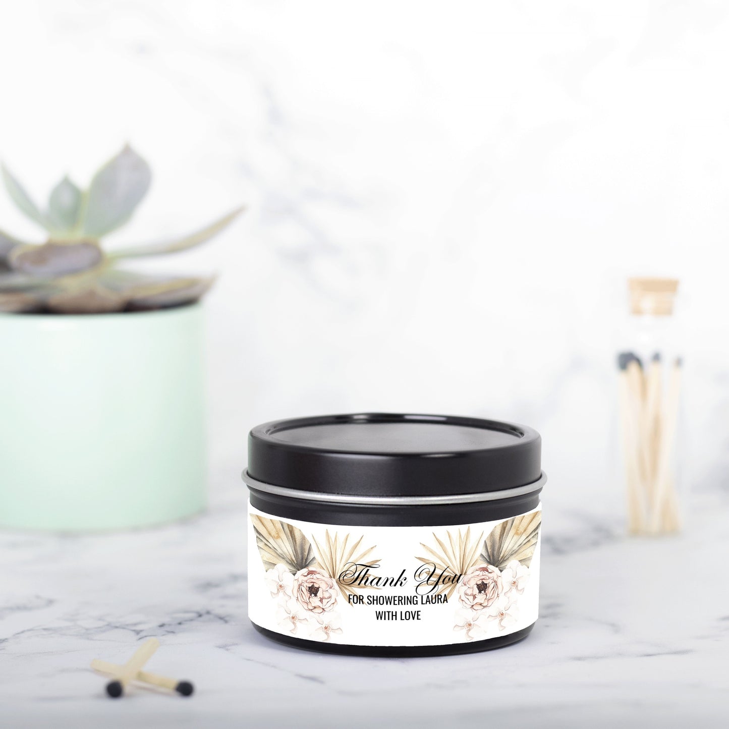 Personalized Boho Floral Themed Bridal Shower Candle Favor - Tin 4oz