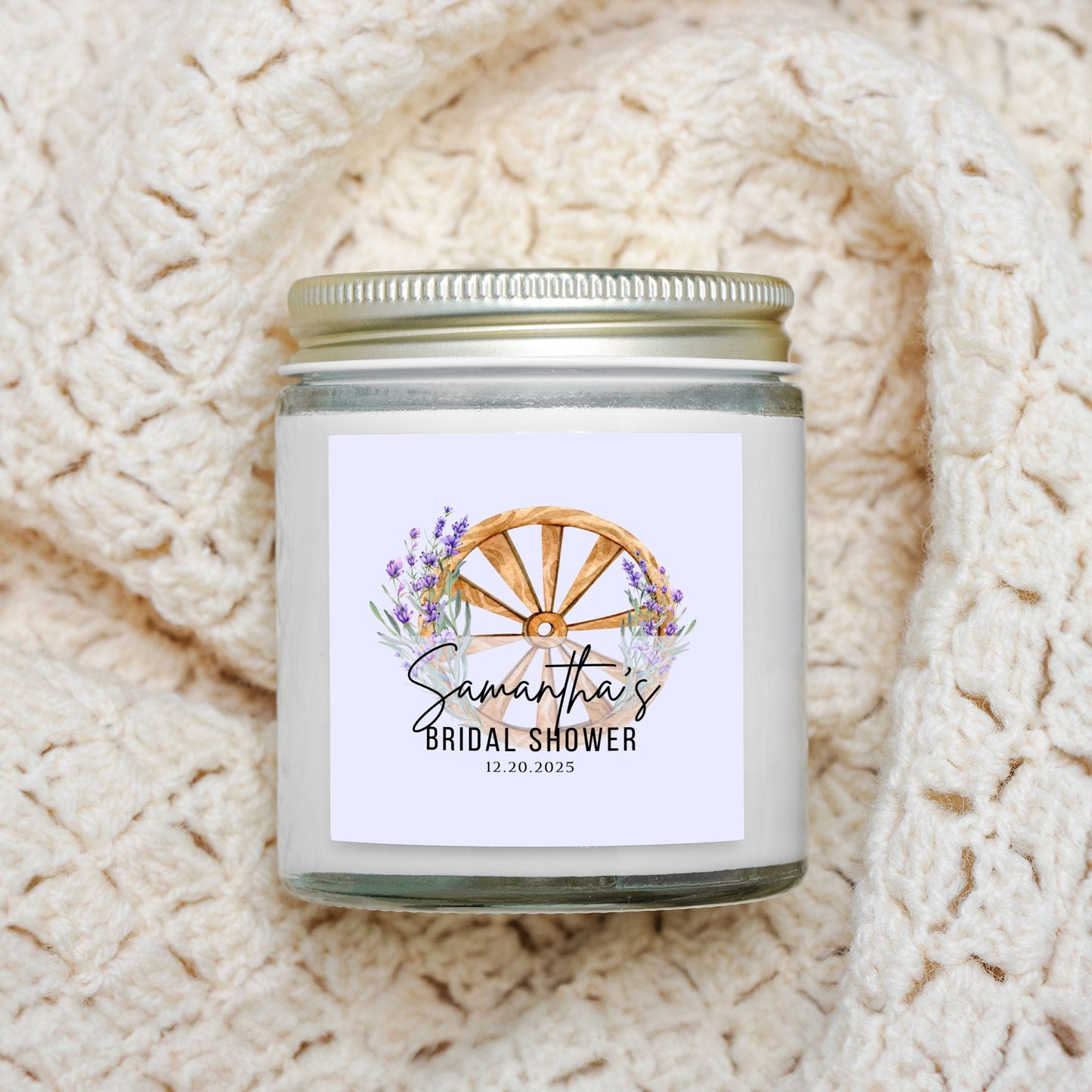 Personalized Lavender Rustic Bridal Shower Candle Favor in Clear Glass Jar (4oz)