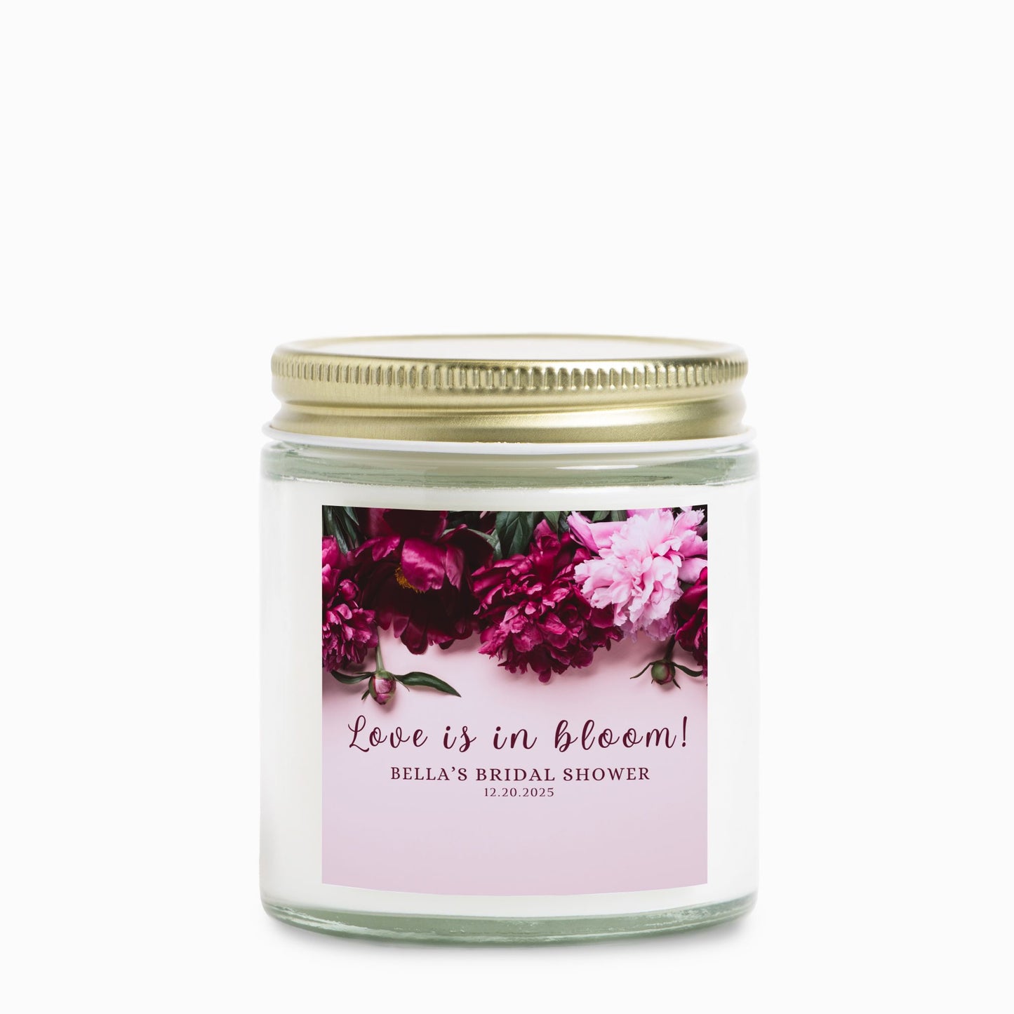 Personalized Pink Peony Floral Bridal Shower Candle Favor in Clear Glass Jar (4oz)