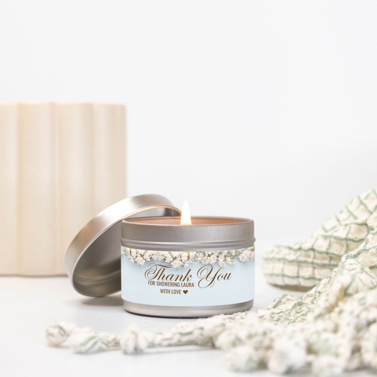 Personalized Dusty Blue Floral Bridal Shower Candle Favor - Tin 4oz