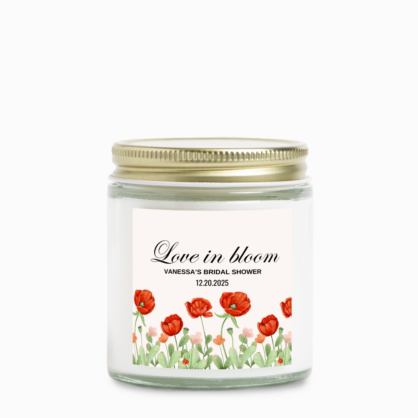 Personalized Love in Bloom Wildflower Bridal Shower Candle Favor in Clear Glass Jar (4oz)
