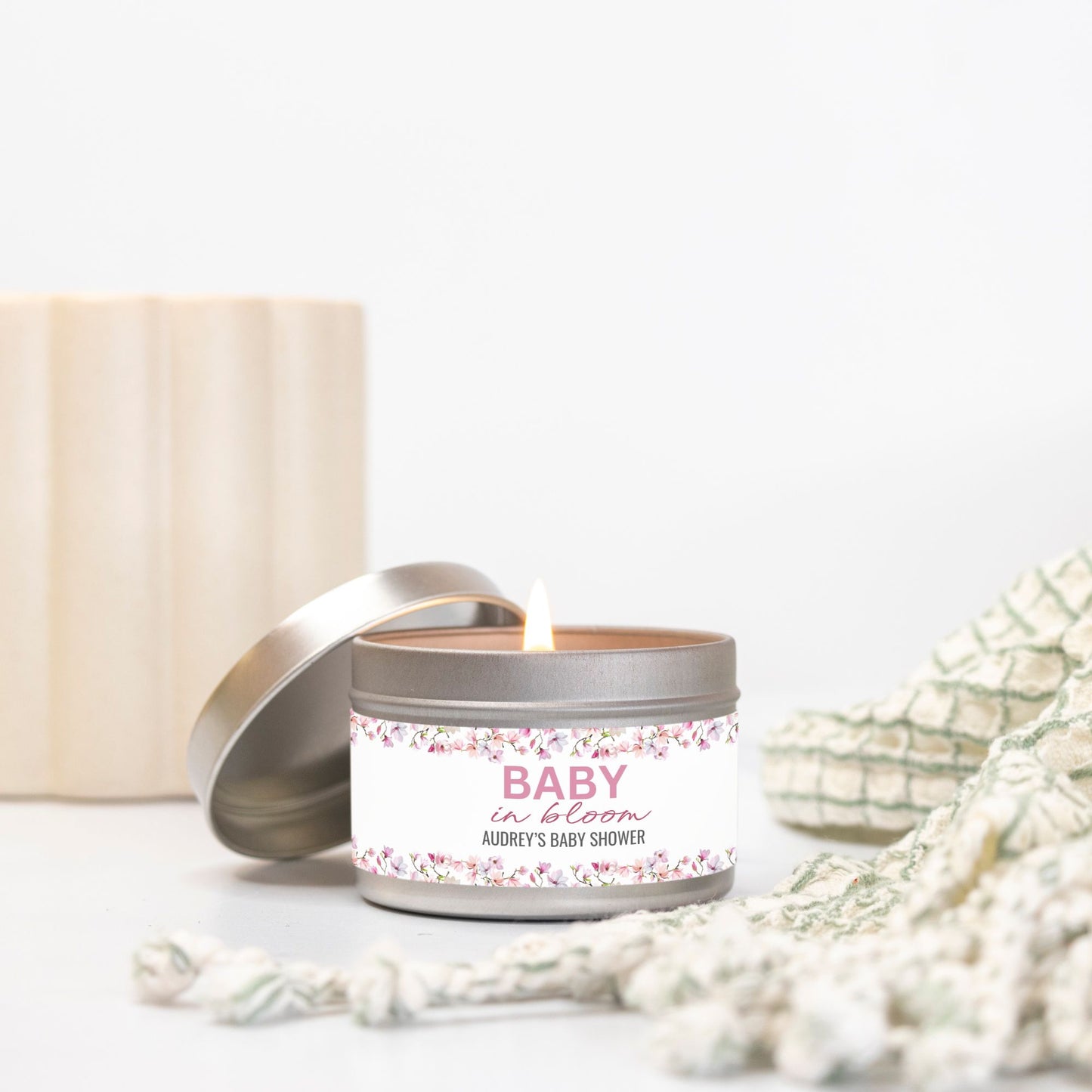 Personalized Magnolia Baby Shower Candle Favors - Tin 4oz
