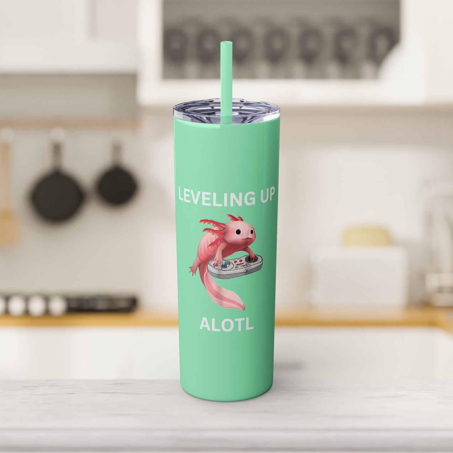 Leveling Up Alotl 20oz Gaming Skinny Tumbler with Straw