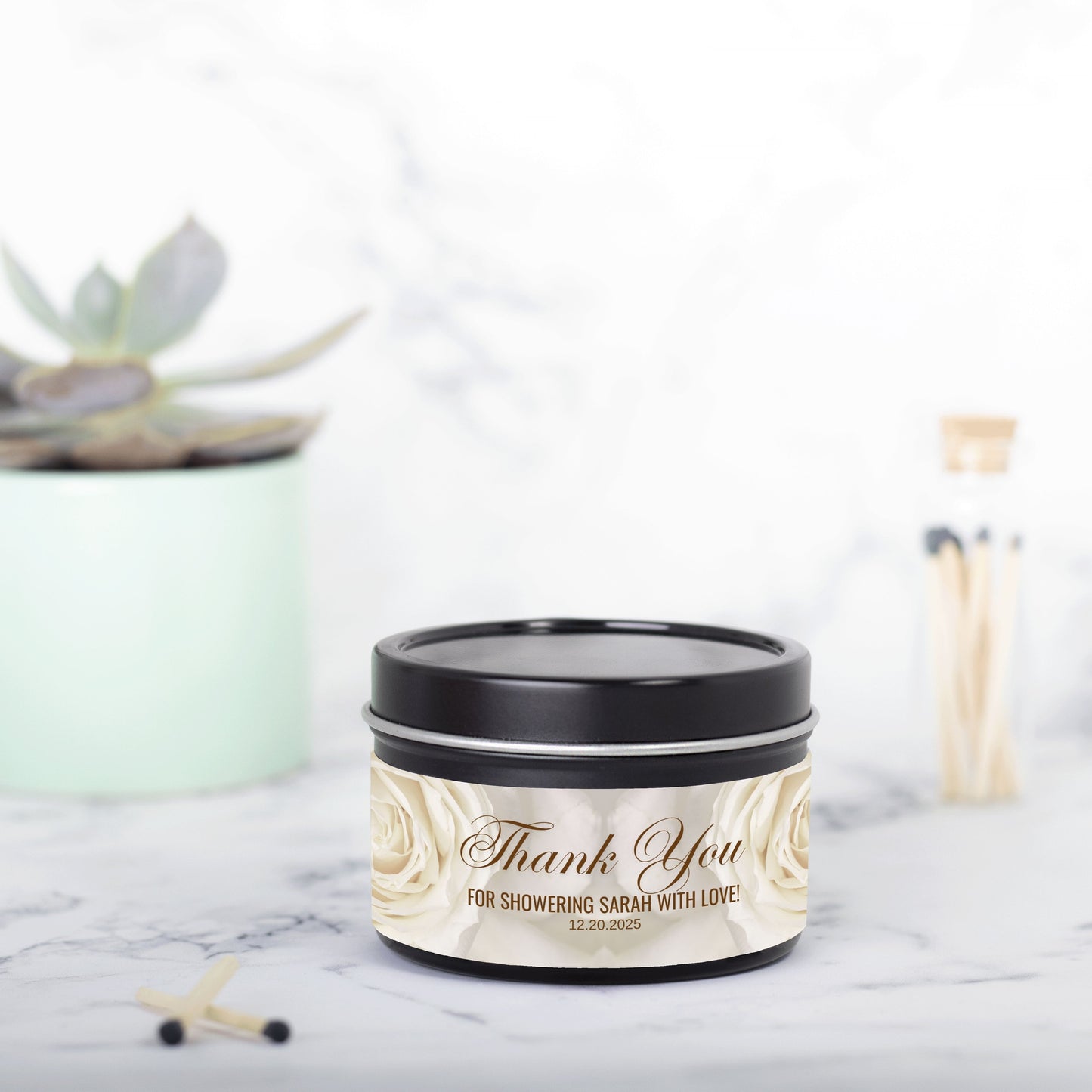Personalized Creamy Rose Bridal Shower Favor Candle Tin 4oz