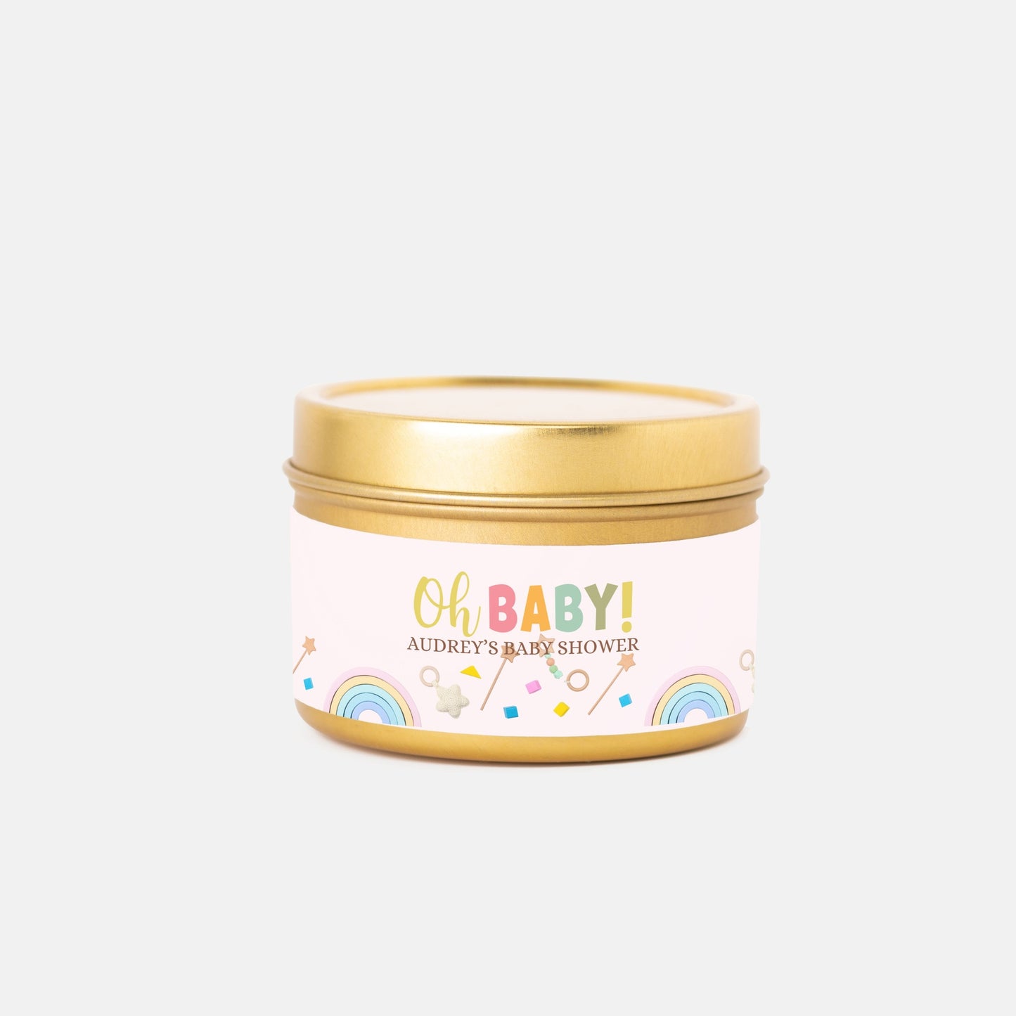Personalized Rainbow Themed Oh Baby Shower Candle Favors - Tin 4oz