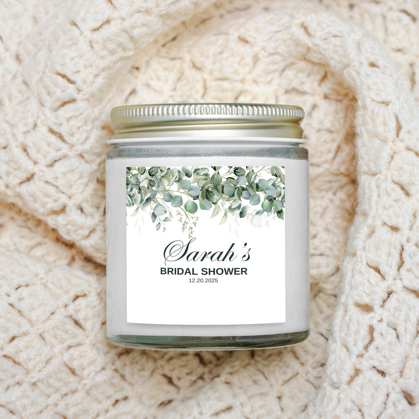 Personalized Greenery Eucalyptus Bridal Shower Candle Favor in Clear Glass Jar (4oz)