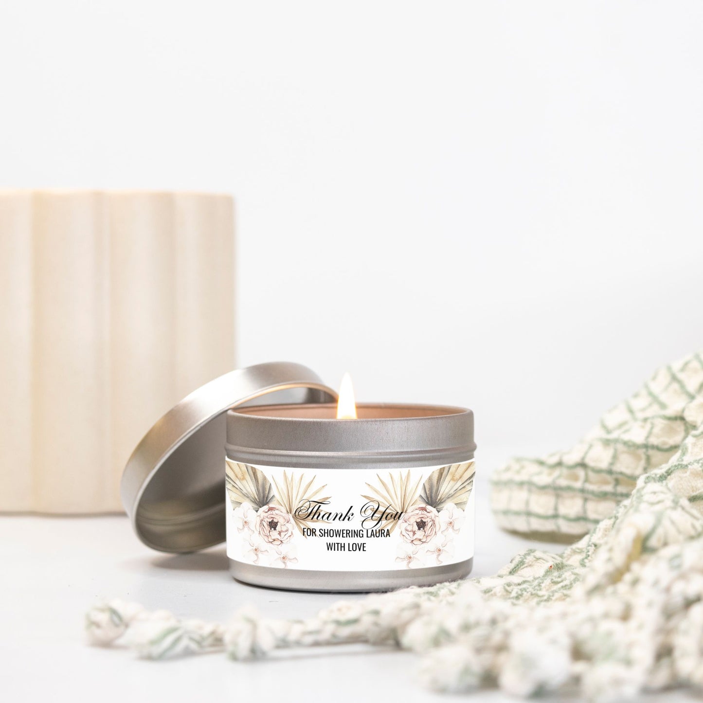 Personalized Boho Floral Themed Bridal Shower Candle Favor - Tin 4oz