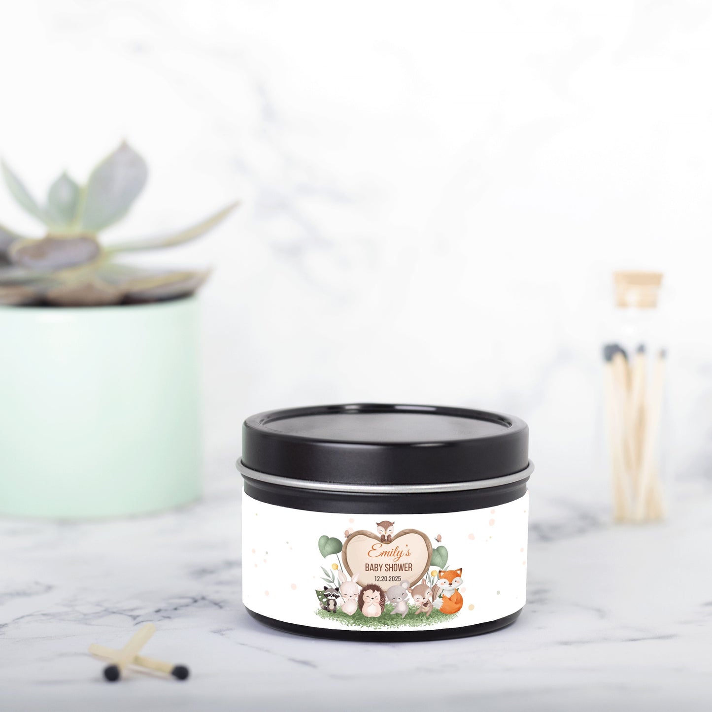 Personalized Woodland Animals Baby Shower Candle Favors - Tin 4oz