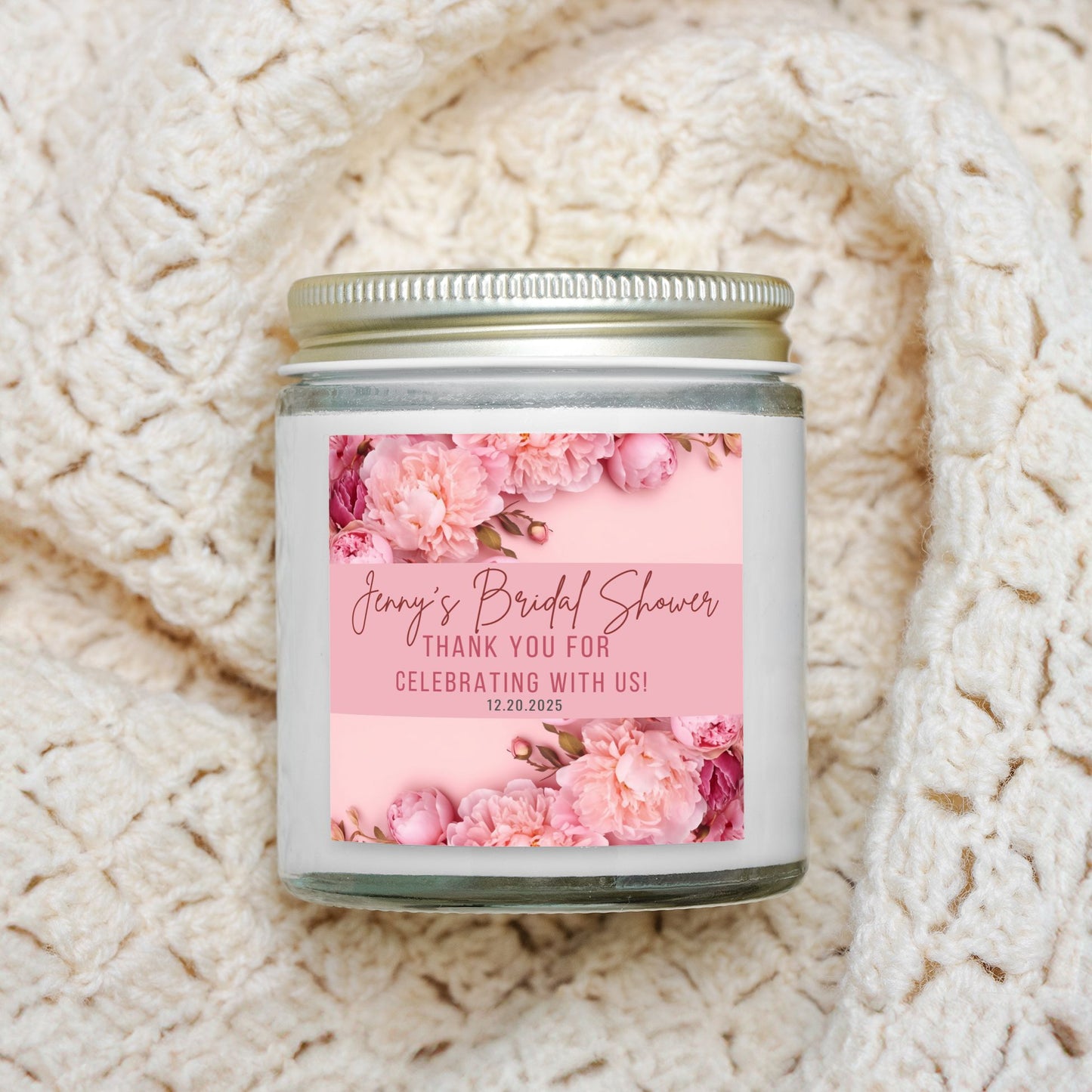 Personalized Peony Floral Bridal Shower Candle Favor in Clear Glass Jar (4oz)