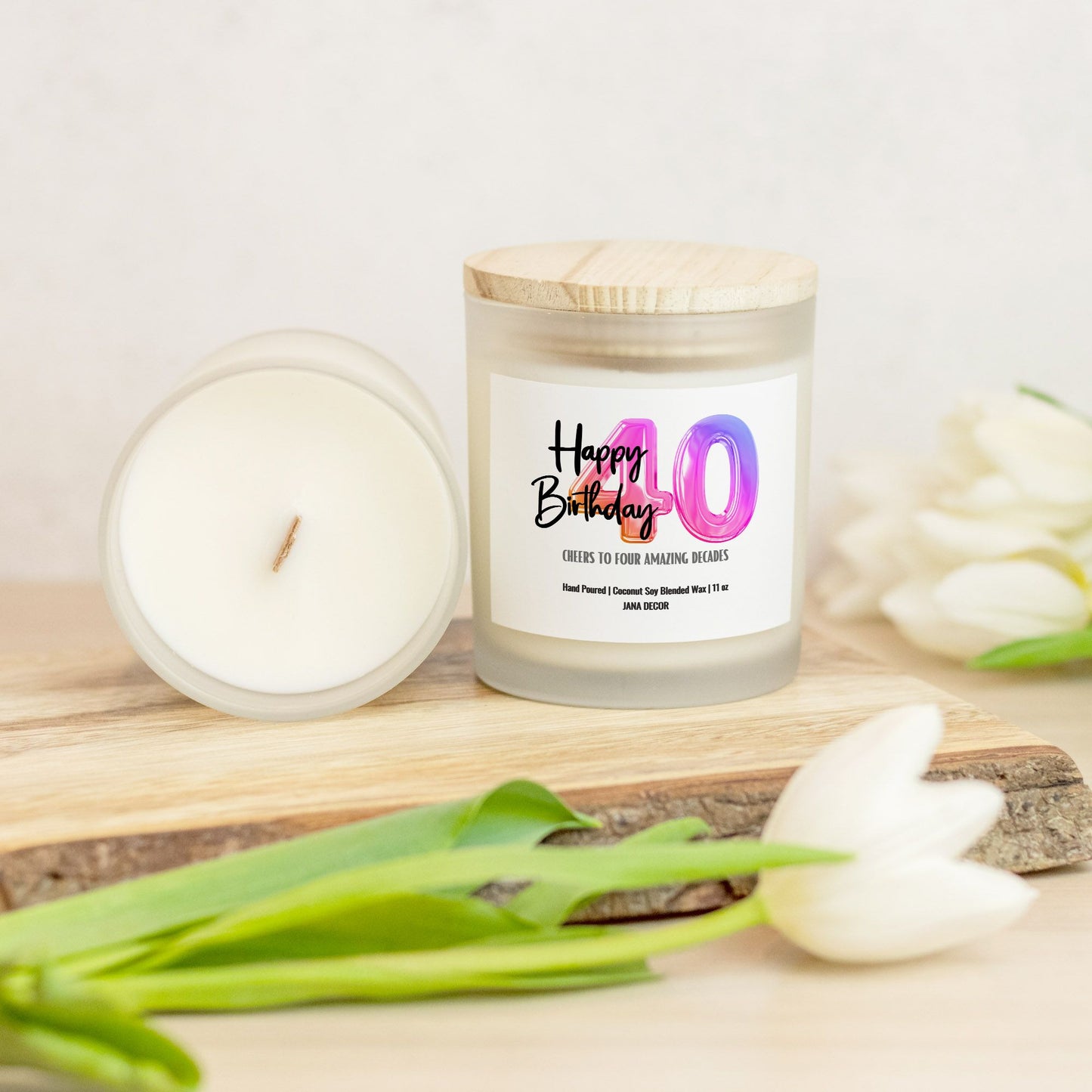 Happy 40th Birthday Candle - Frosted Glass (Hand Poured 11 oz)