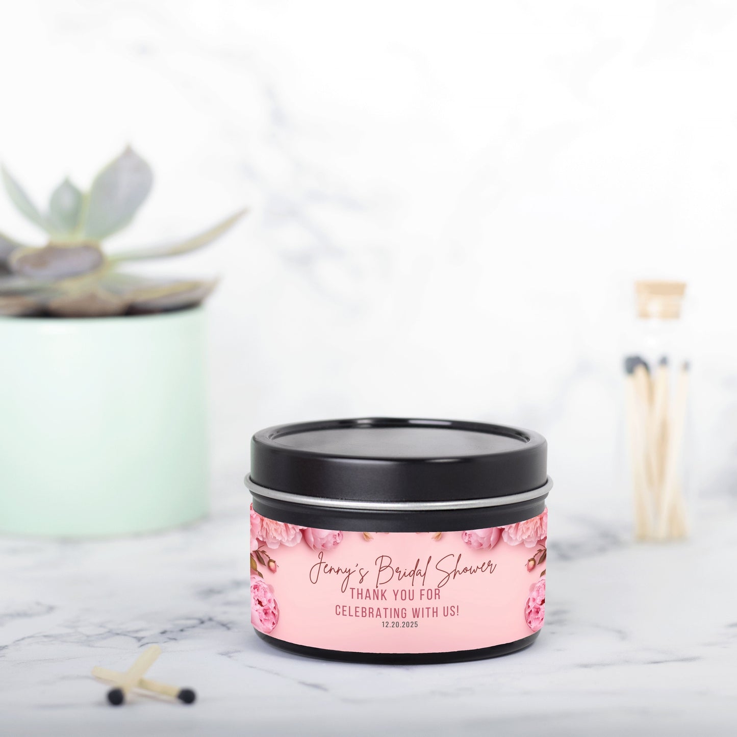 Personalized Pink Peony Bridal Shower Candle Favor - Tin 4oz