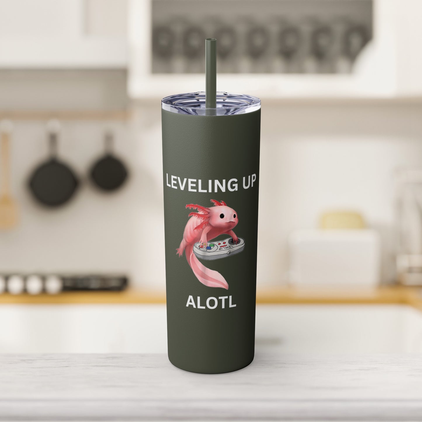 Leveling Up Alotl 20oz Gaming Skinny Tumbler with Straw