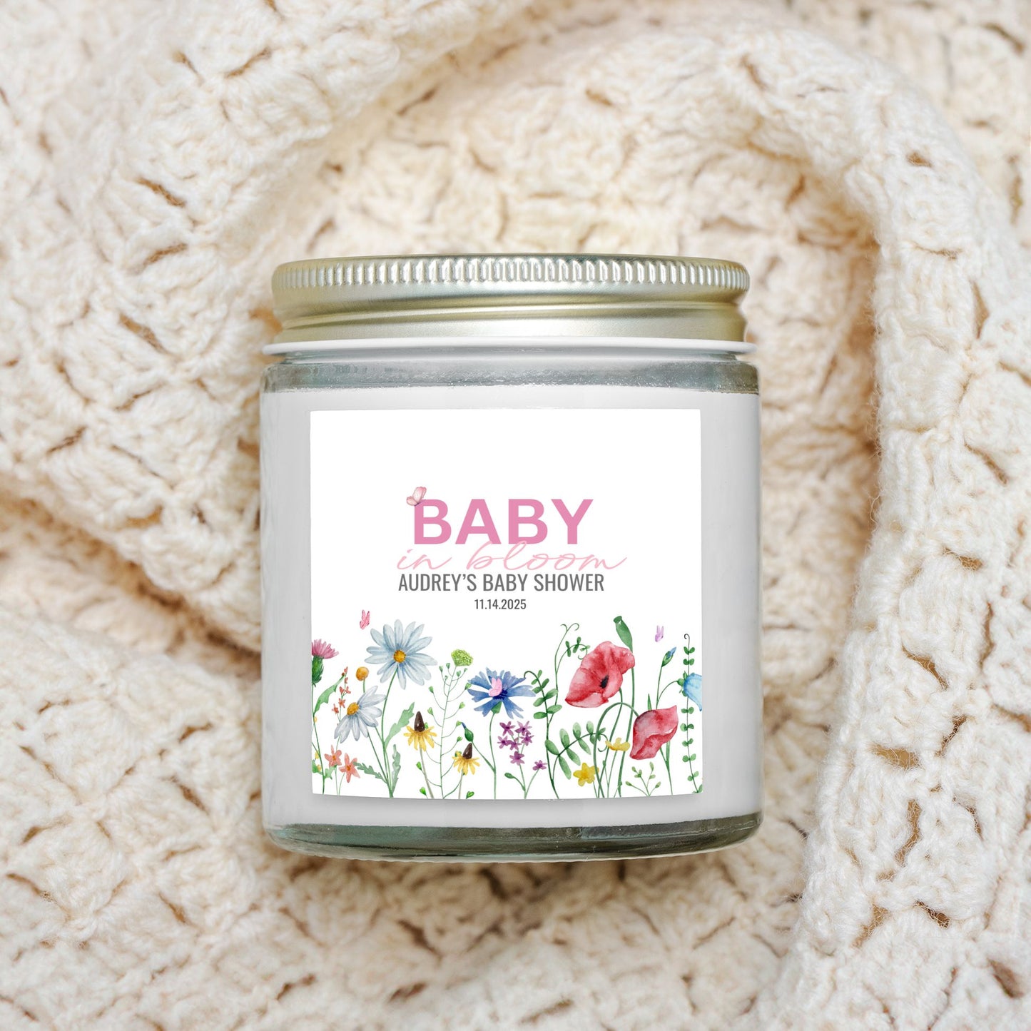Personalized Wildflower Theme Baby Shower Candle Favors - Clear Glass Jar 4oz