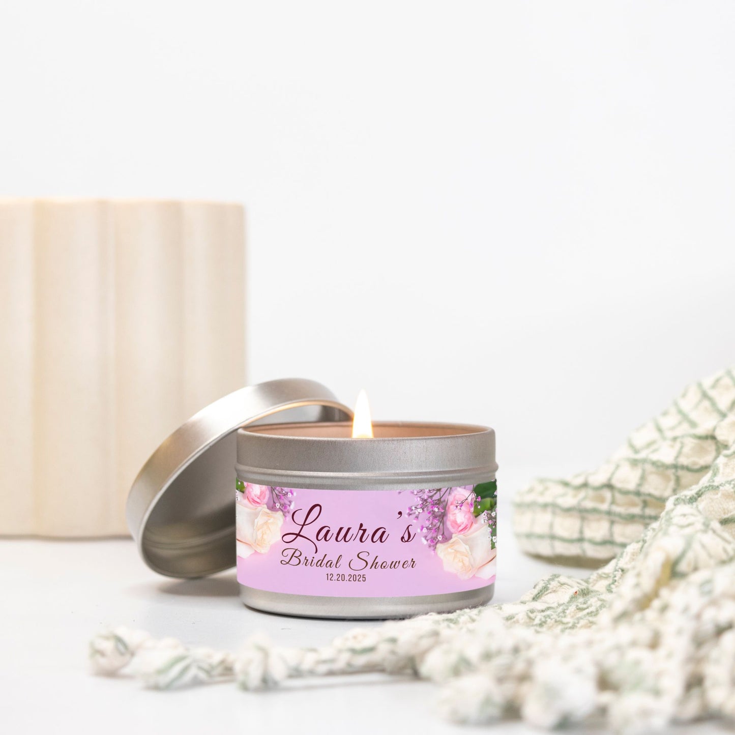 Personalized Floral Themed Bridal Shower Candle Favor - Tin 4oz