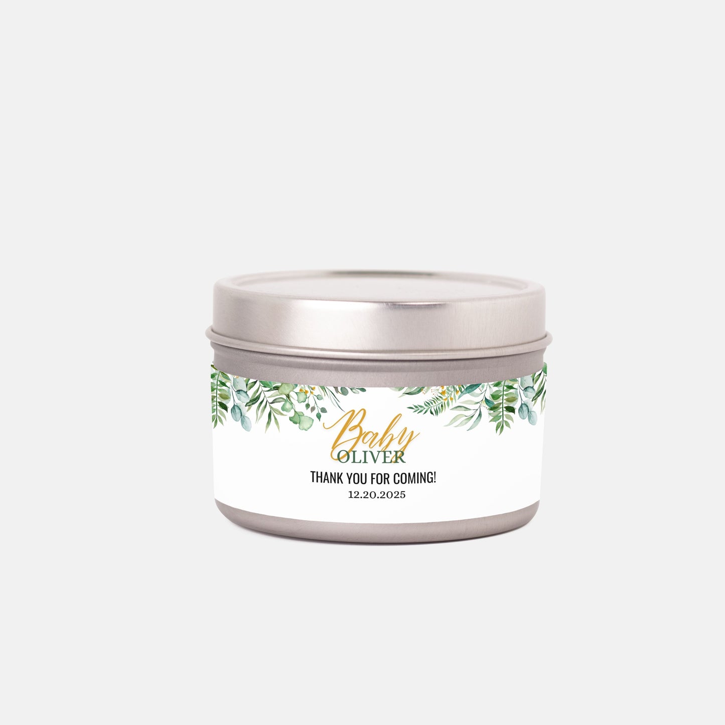 Personalized Greenery Baby Shower Candle Favors - Tin 4oz