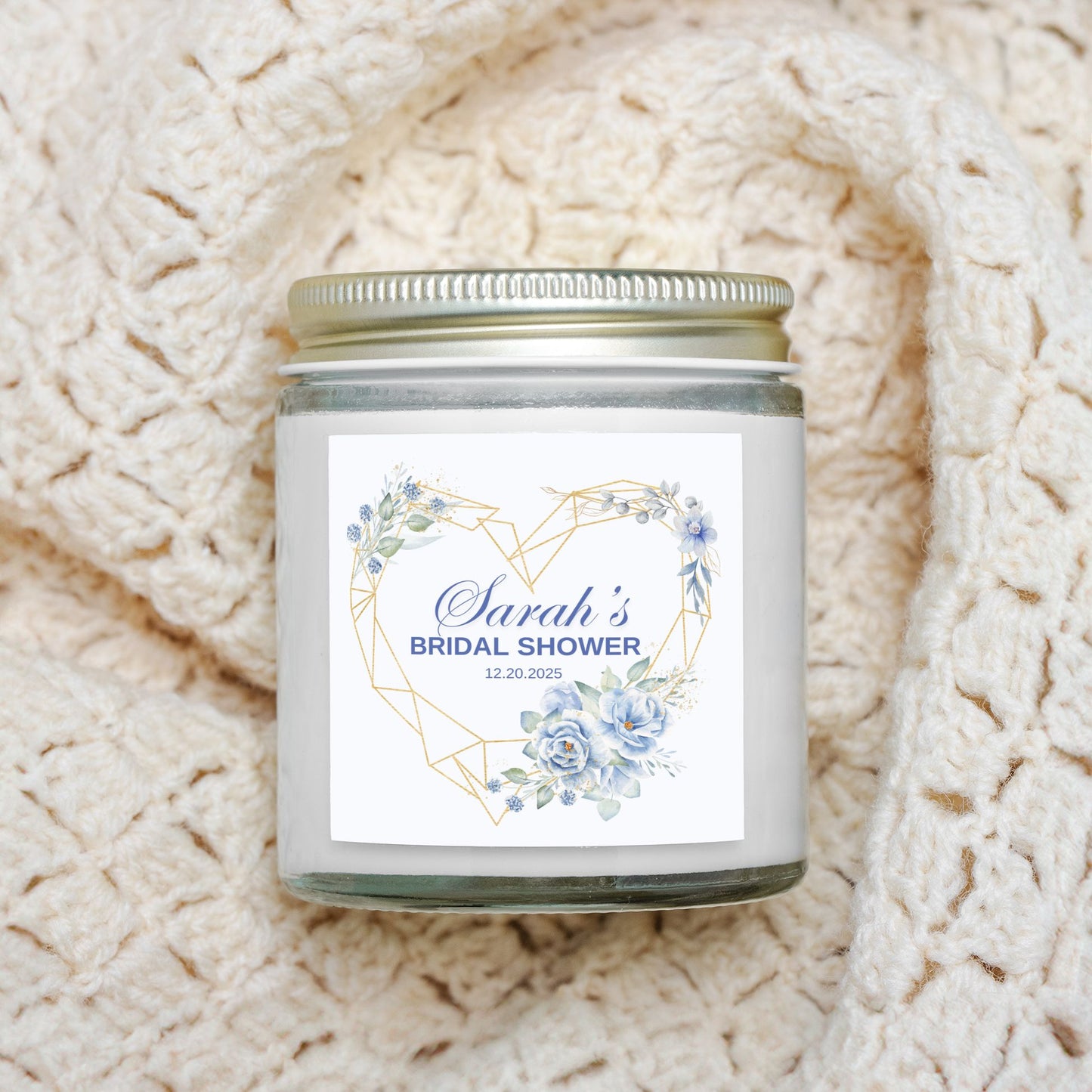 Personalized Dusty Blue Themed Bridal Shower Candle Favor in Clear Glass Jar (4oz)