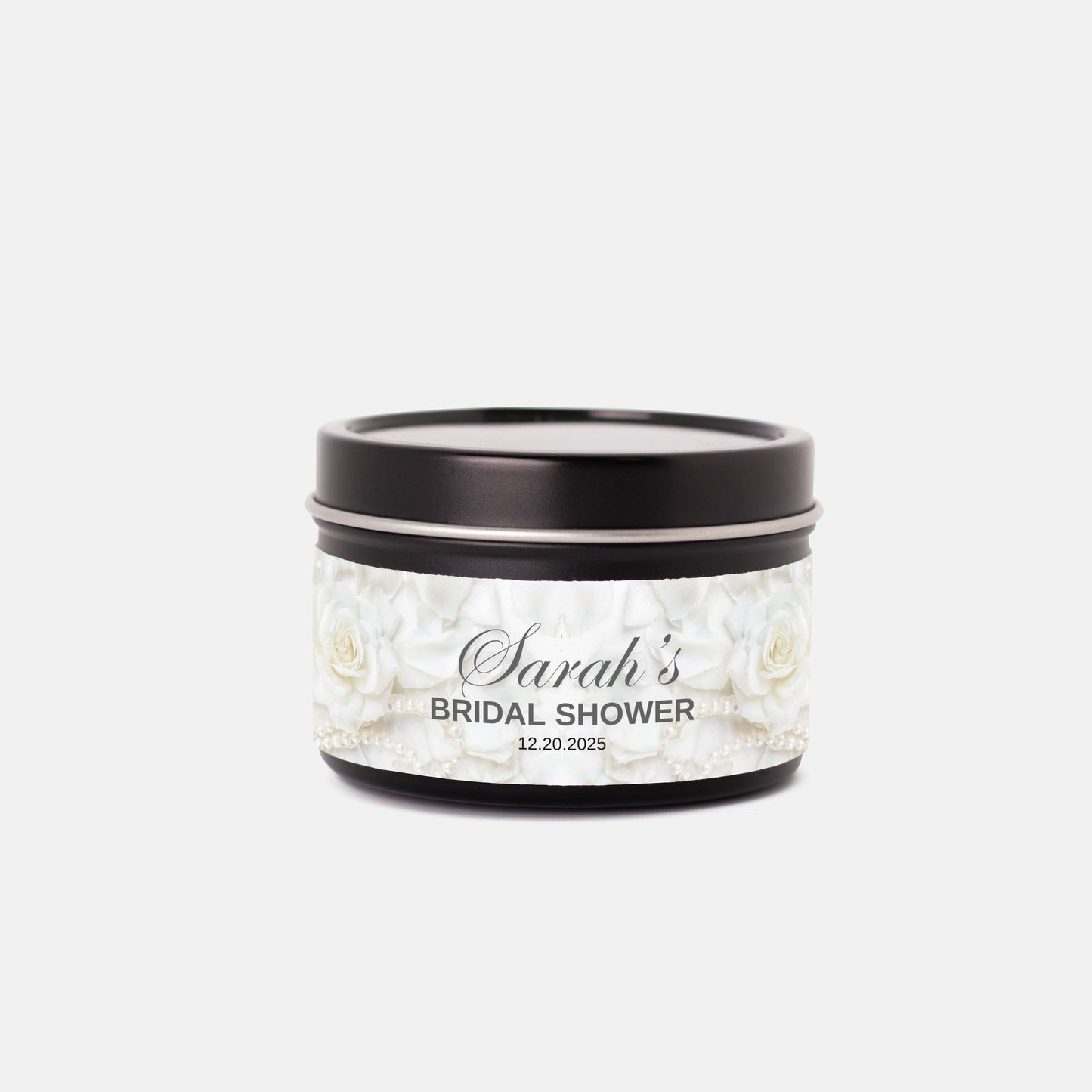 Personalized White Rose and Pearl Bridal Shower Candle Favor - Tin 4oz