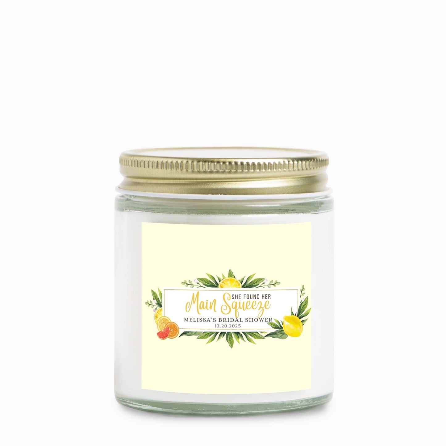 Personalized Lemon Themed Bridal Shower Candle Favor in Clear Glass Jar (4oz)
