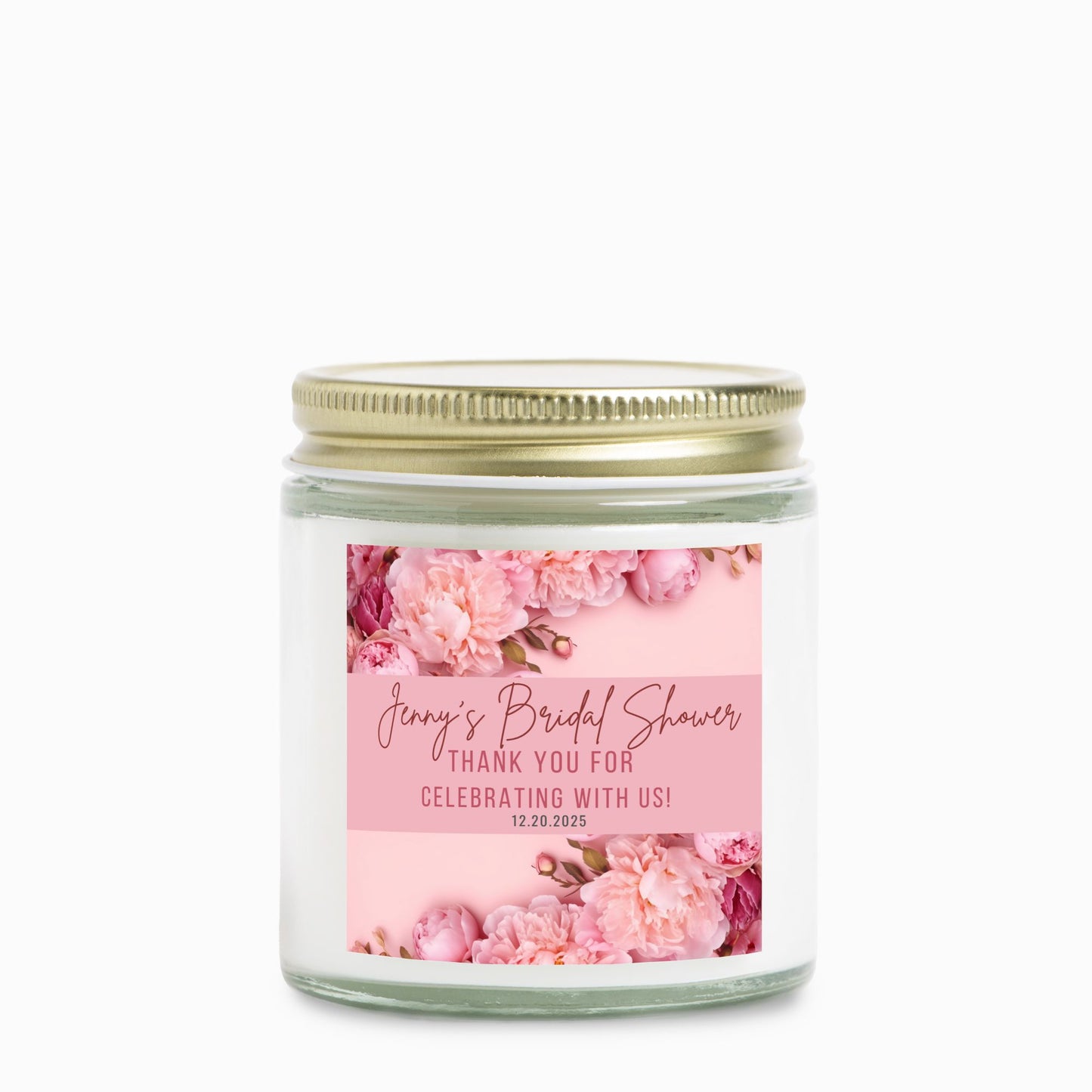 Personalized Peony Floral Bridal Shower Candle Favor in Clear Glass Jar (4oz)