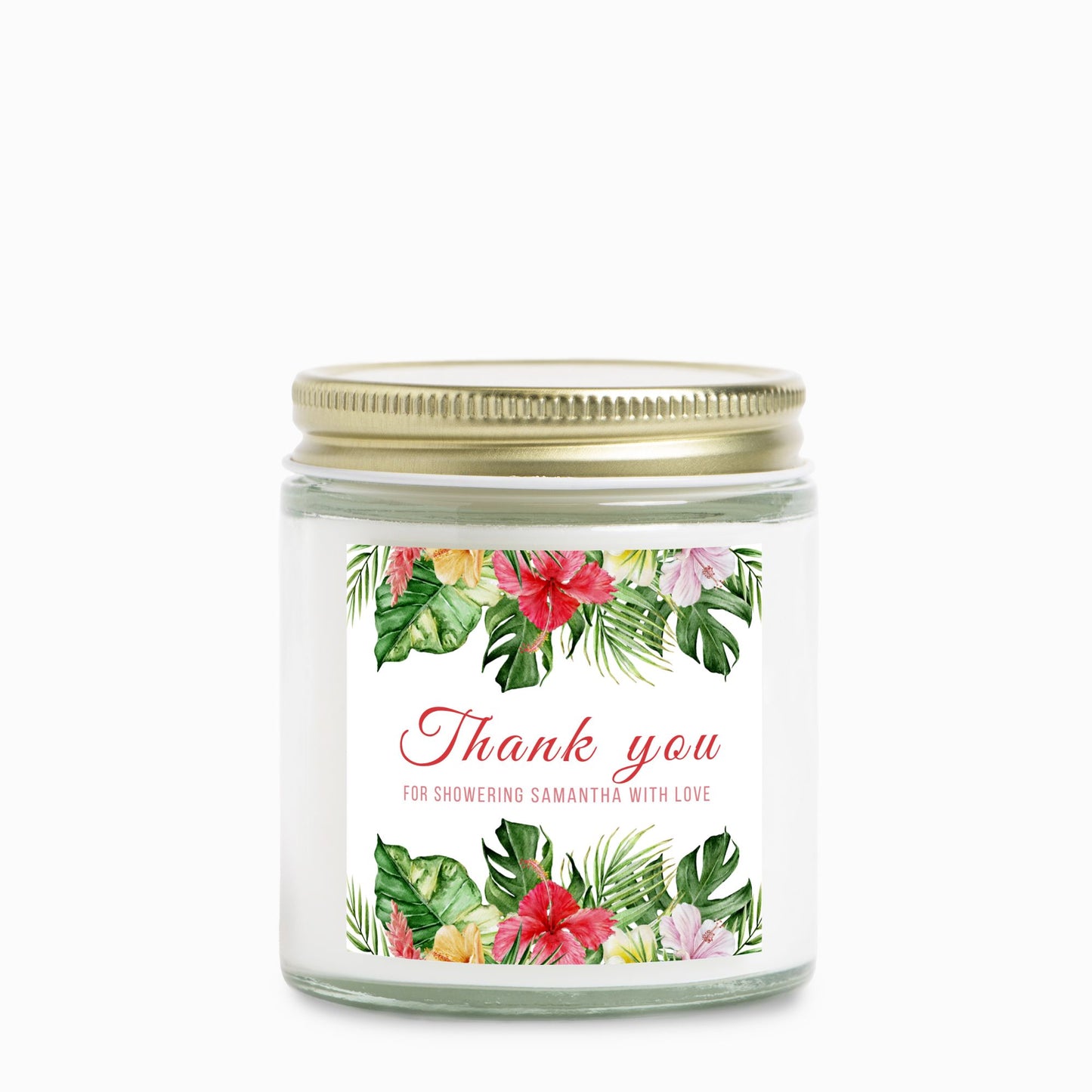Personalized Tropical Themed Bridal Shower Candle Favor in Clear Glass Jar (4oz)