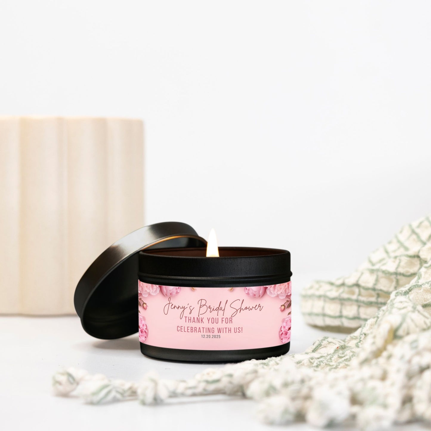 Personalized Pink Peony Bridal Shower Candle Favor - Tin 4oz