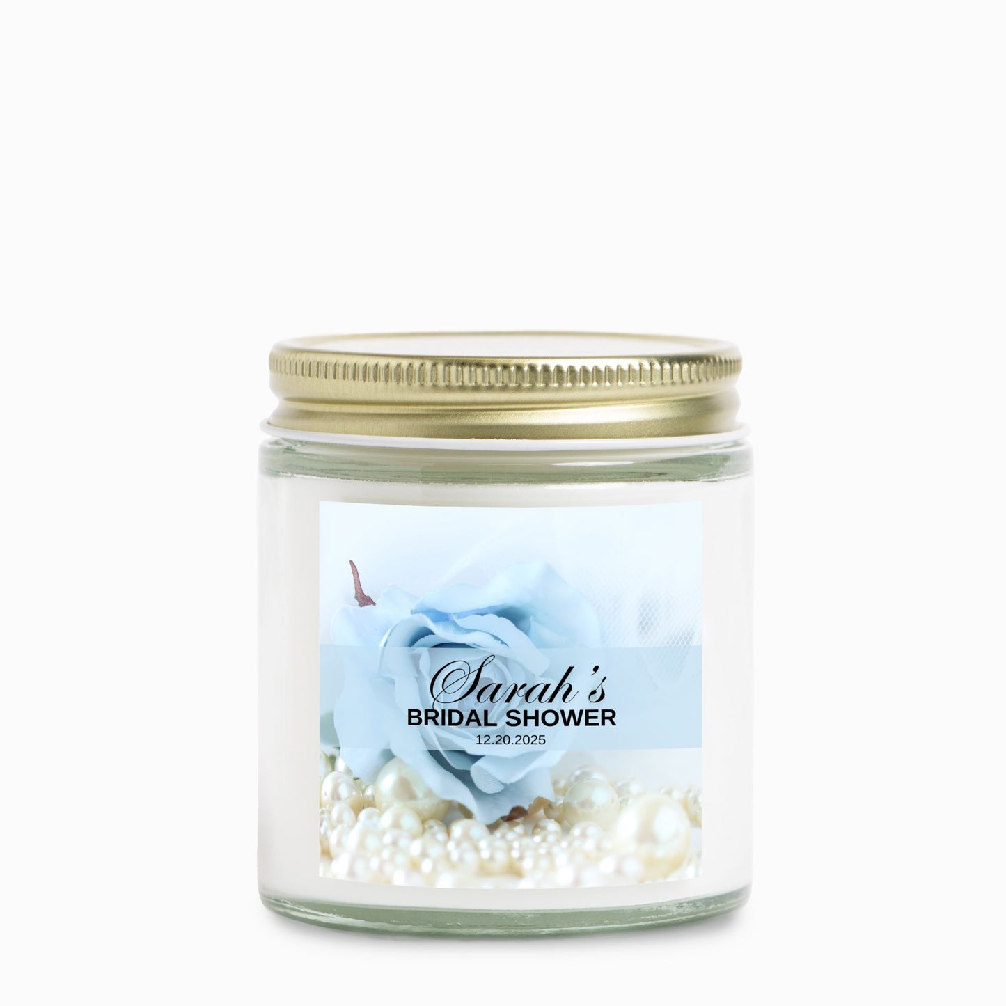 Personalized Dusty Blue Floral Bridal Shower Candle Favor in Clear Glass Jar (4oz)