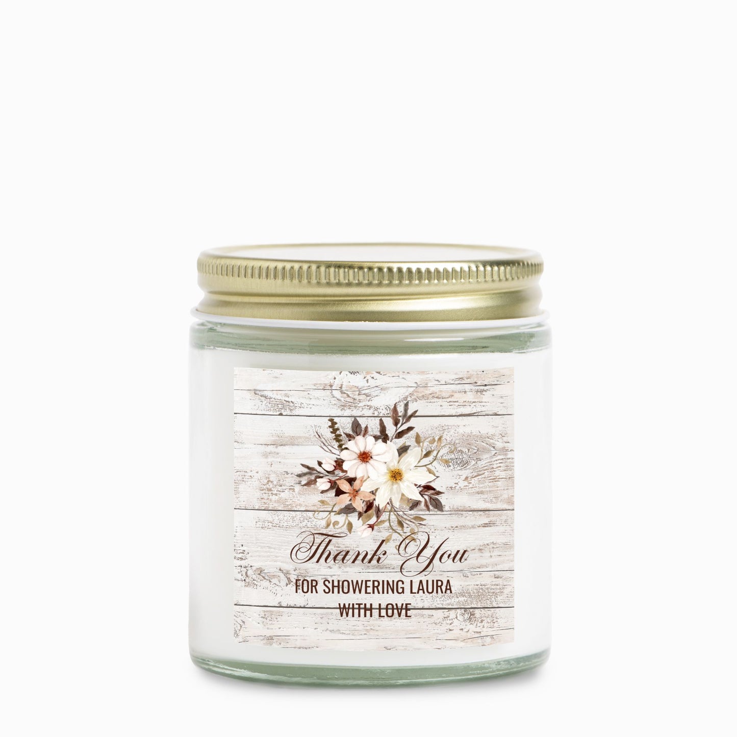 Personalized Vintage Rustic Bridal Shower Candle Favor in Clear Glass Jar (4oz)
