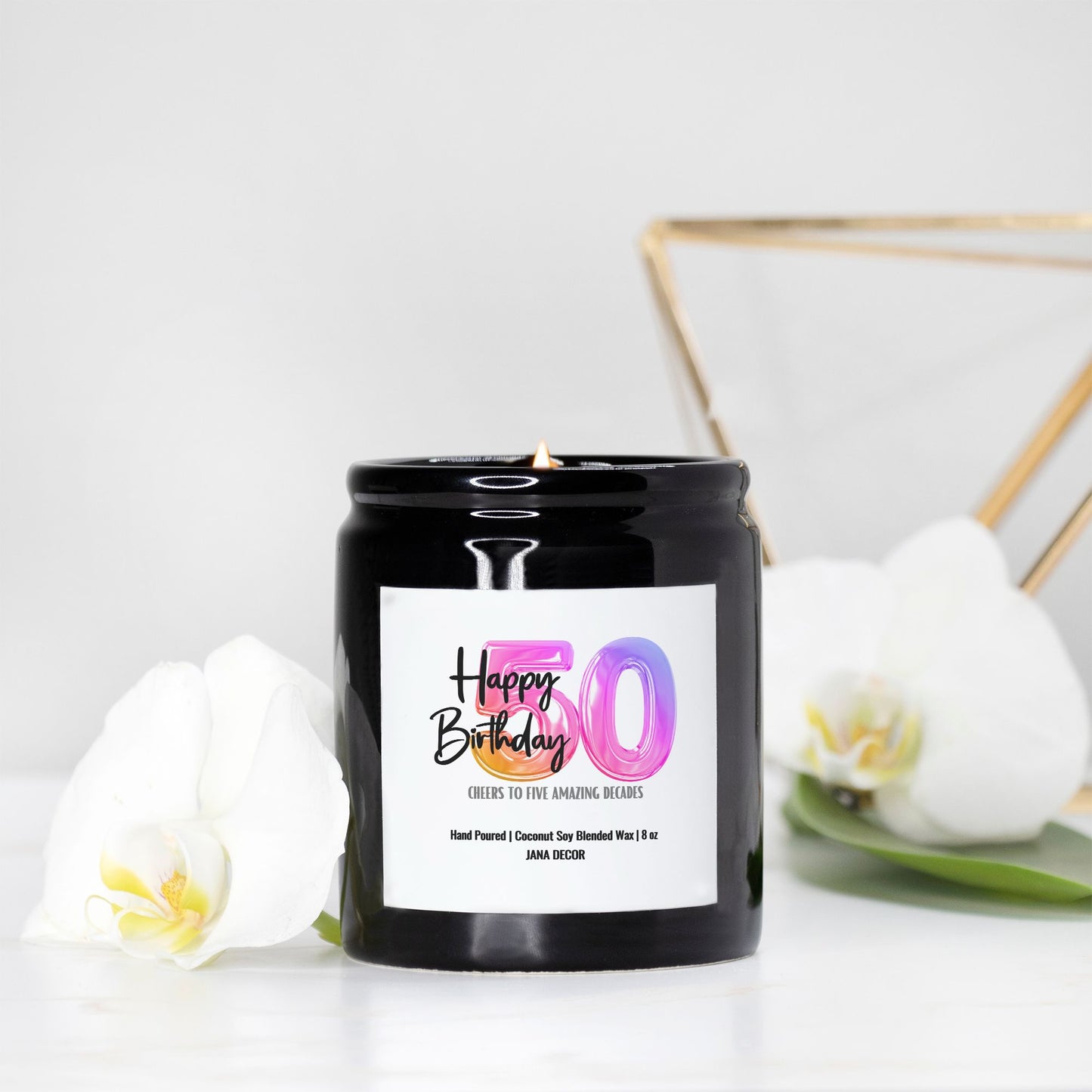Happy 50th Birthday Candle - Ceramic 8oz (Black)