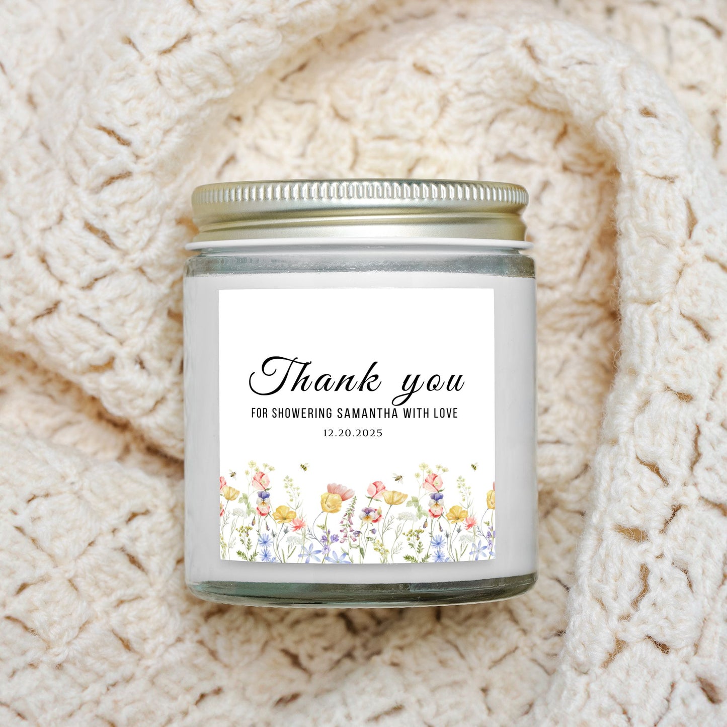 Personalized Wildflower Bridal Shower Candle Favor in Clear Glass Jar (4oz)