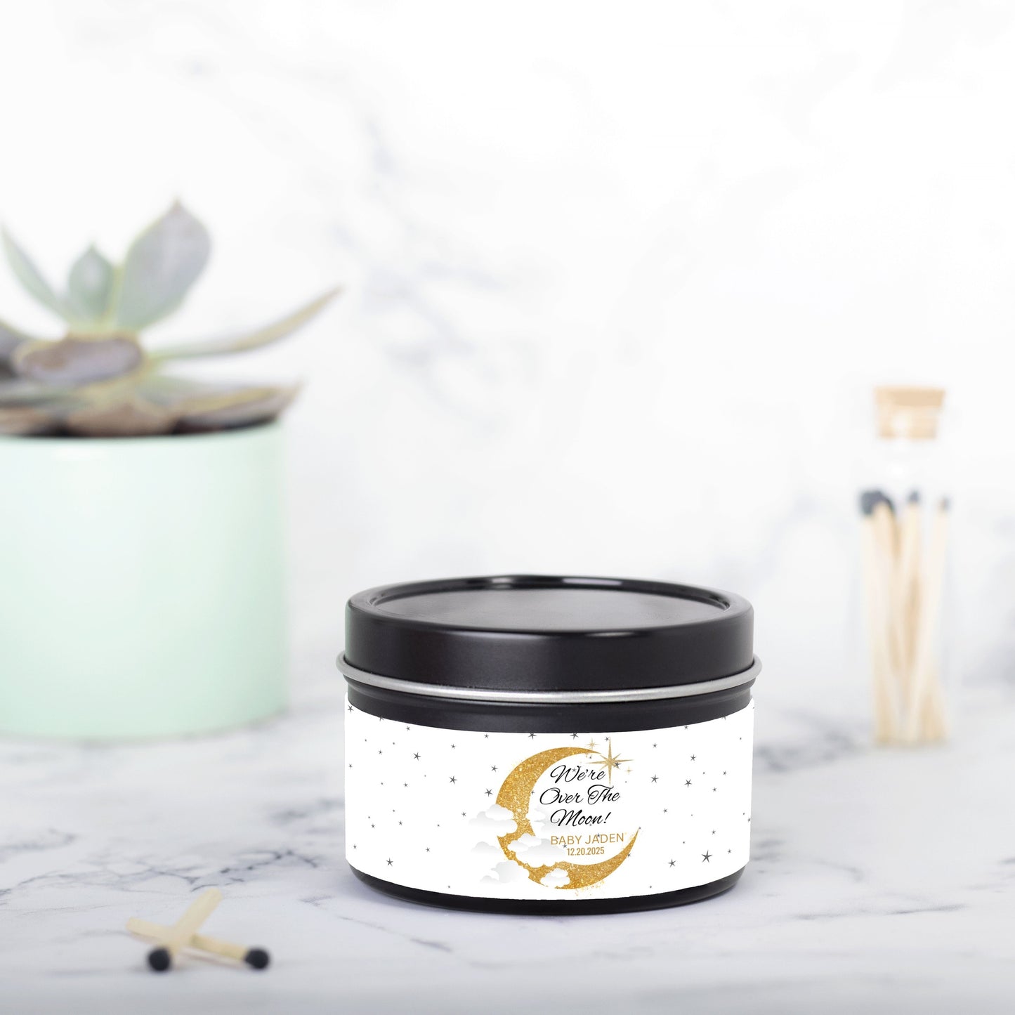 Personalized We're Over The Moon Baby Shower Candle Favors - Tin 4oz