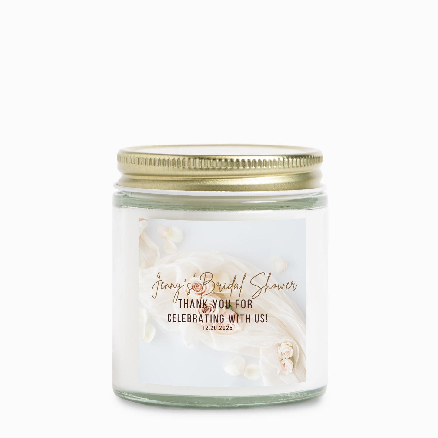 Personalized Beige Boho Bridal Shower Candle Favor in Clear Glass Jar (4oz)