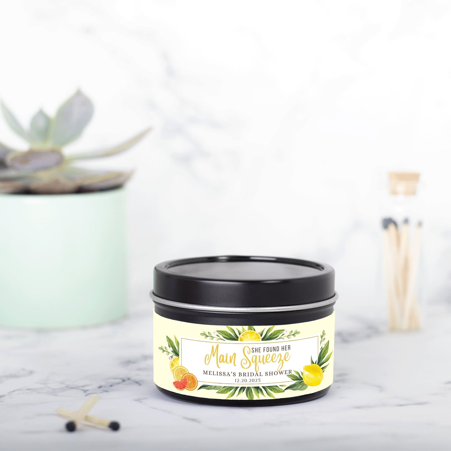 Personalized Lemon Themed Bridal Shower Candle Favor - Tin 4oz