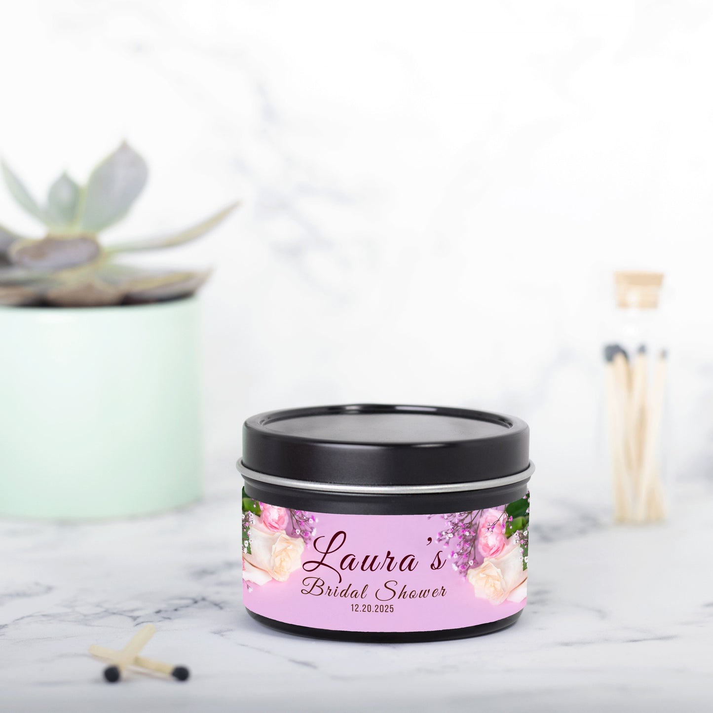 Personalized Floral Themed Bridal Shower Candle Favor - Tin 4oz