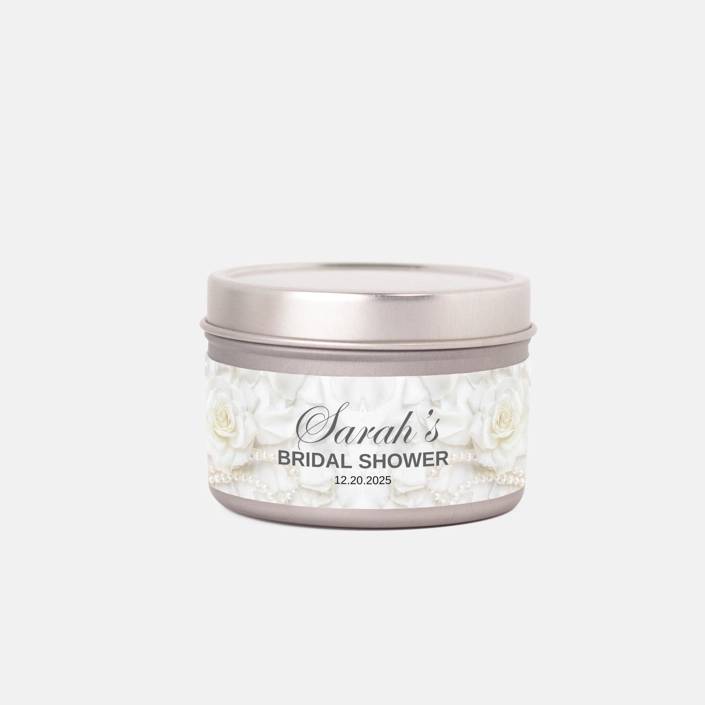 Personalized White Rose and Pearl Bridal Shower Candle Favor - Tin 4oz