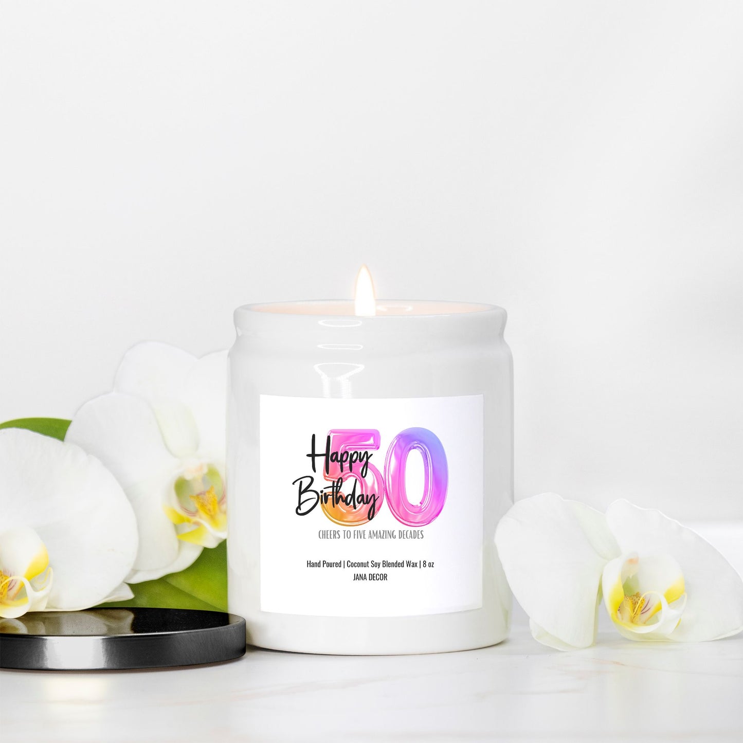 Happy 50th Birthday Candle - Ceramic 8oz (White)