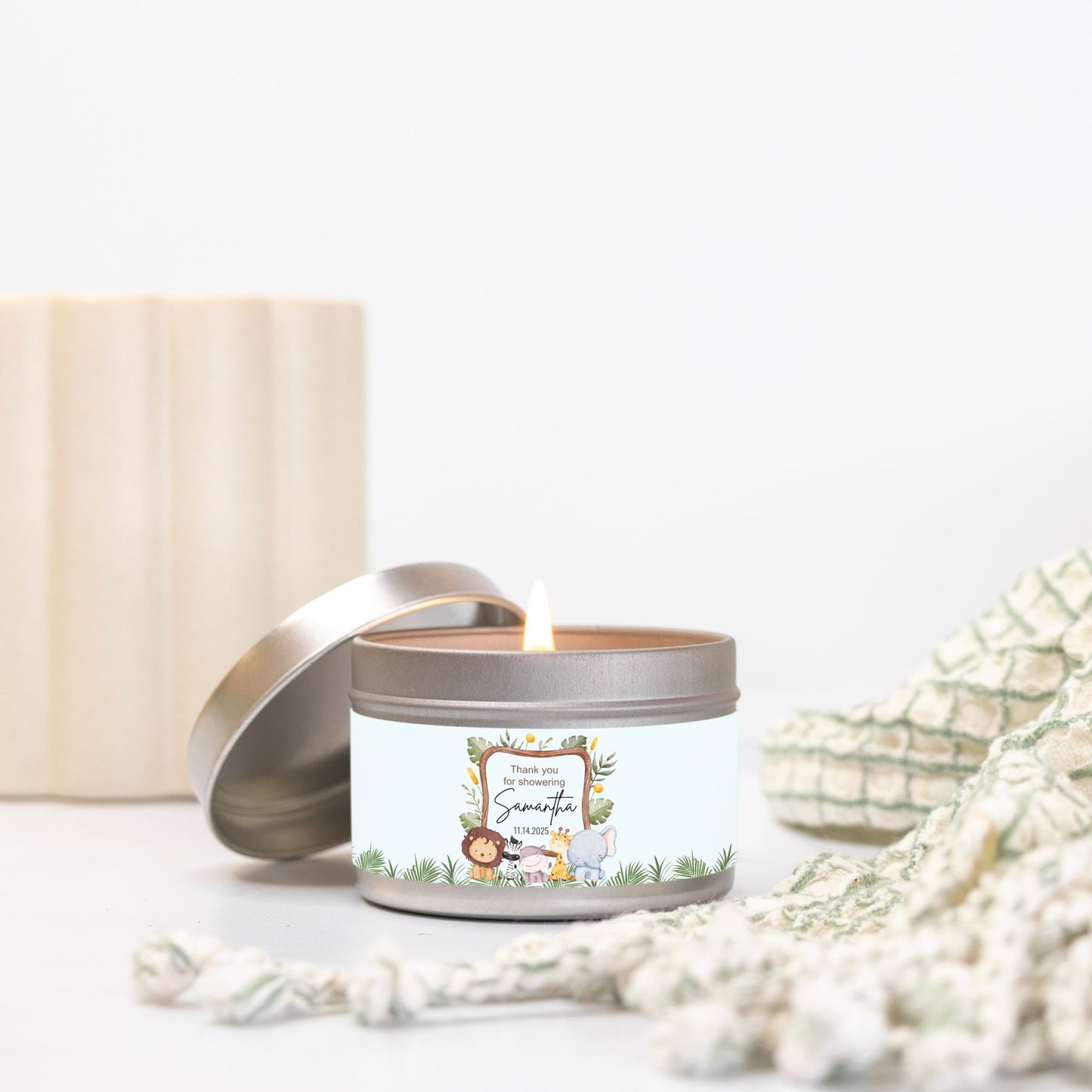 Personalized Safari Animals Baby Shower Candle Favors - Tin 4oz